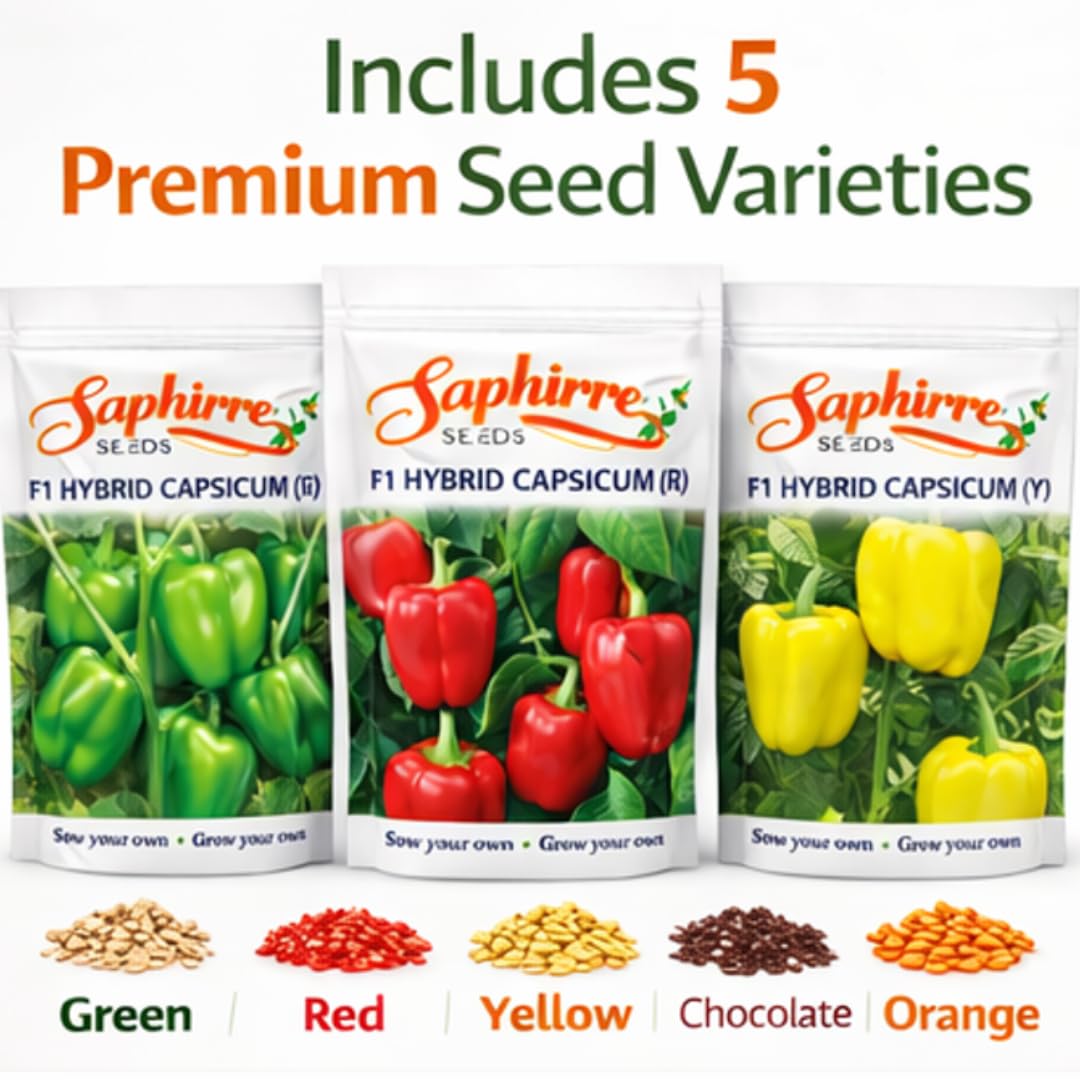 Saphirre Seeds Capsicum Seeds Combo Pack | 5 Varieties | 140+ Seeds | Red, Yellow, Green, Orange & Chocolate Capsicum | High Germination | Easy to Grow for Home Gardening 1