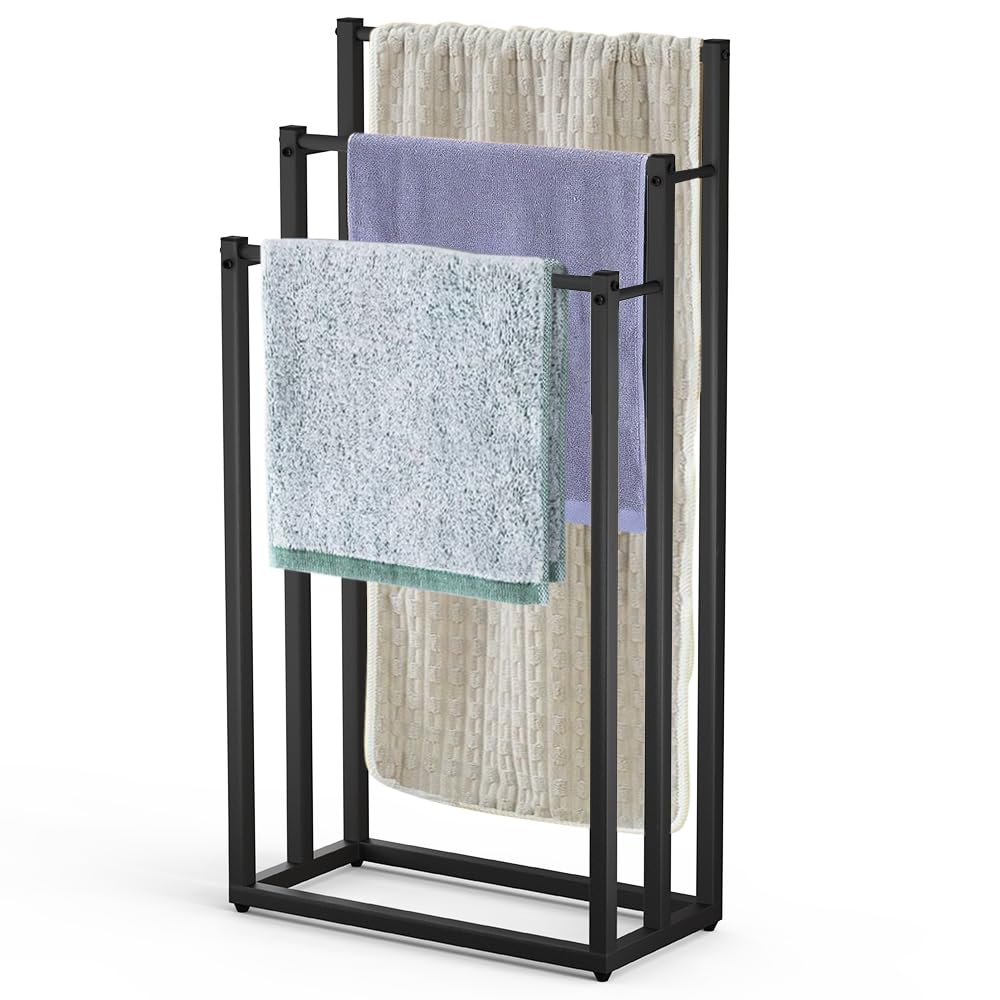 VOUNOT® Freestanding Towel Rail 3-Tier Metal Towel Stand, Stable Towel Holder Storage for Washcloths and Bathroom Accessories Black