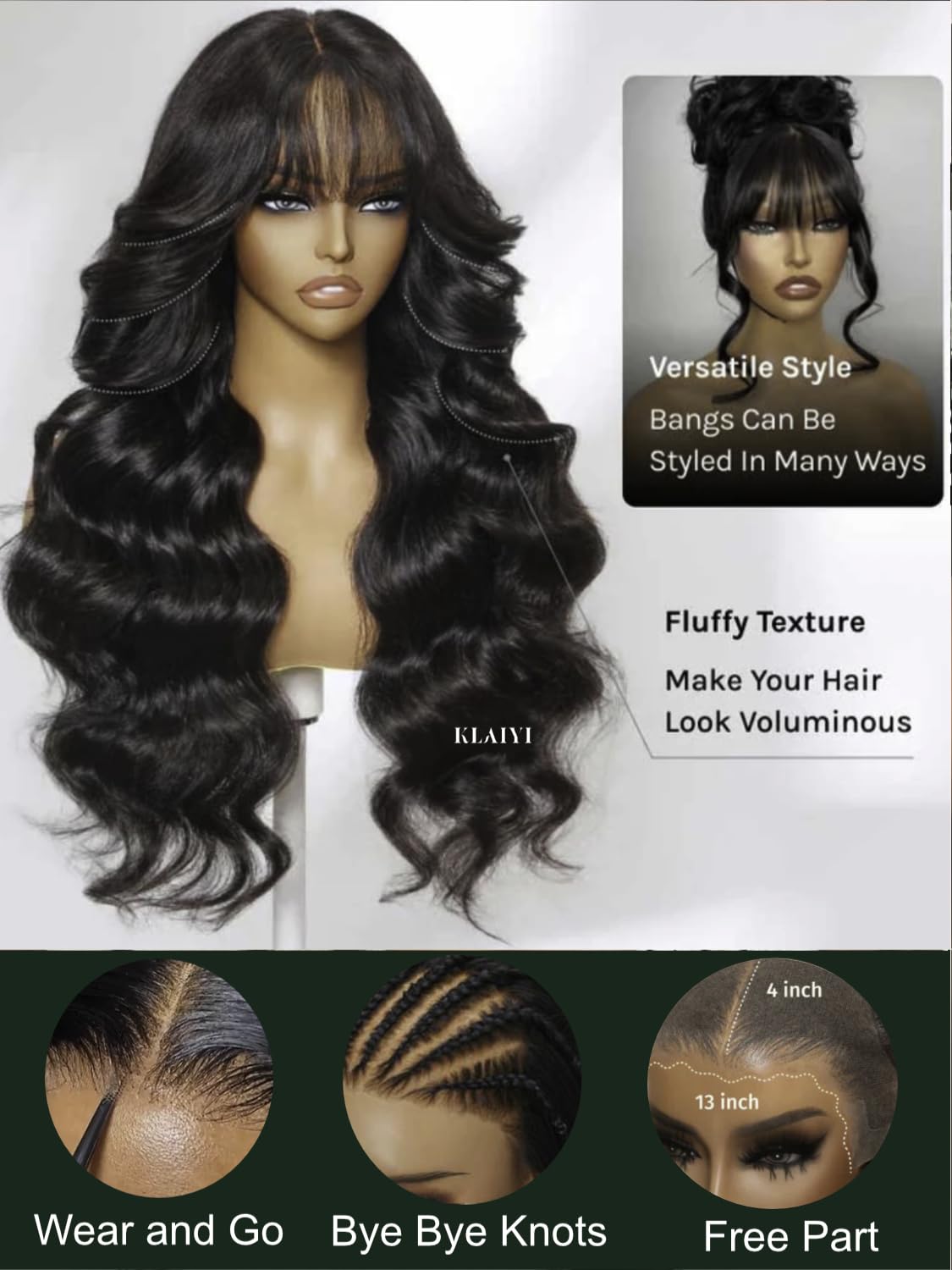 KLAIYI Pre Everything Glueless 13x4 Lace Front Wigs Human Hair Loose Body Wave Bye Bye Knots Pre Cut Lace Pre Bleached Pre Plucked 30S Ready to Wear And Go Frontal Wig with Natural Curtain Bang 24Inch