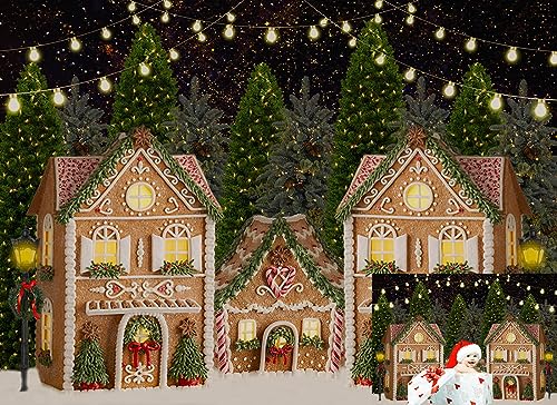 Haosphoto Gingerbread House Backdrop for Photography 7X5FT Merry Christmas Town Backdrops Pine Tree Heavy Snow Winter Wonderland Xmas Background for Happy New Year Photo Studio Props Vinyl HS1048