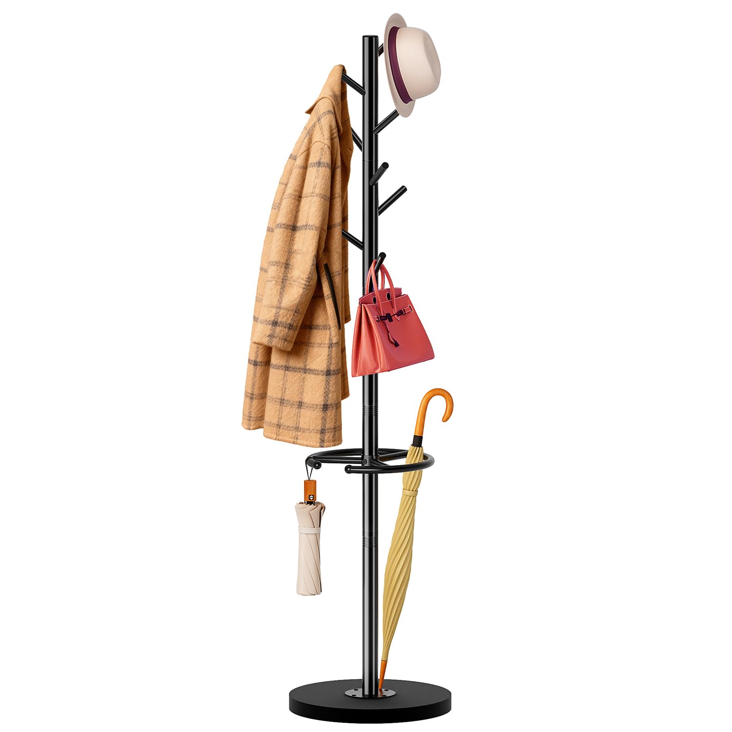 MISSLO Coat Rack with Umbrella Stand, Freestanding Coat Stand Hanger with Wood Base Fits Entryway, Hallway, Living Room, Bedroom, Clothes Tree Holder with 8 Hooks for Jackets, Hats, Bags, Black