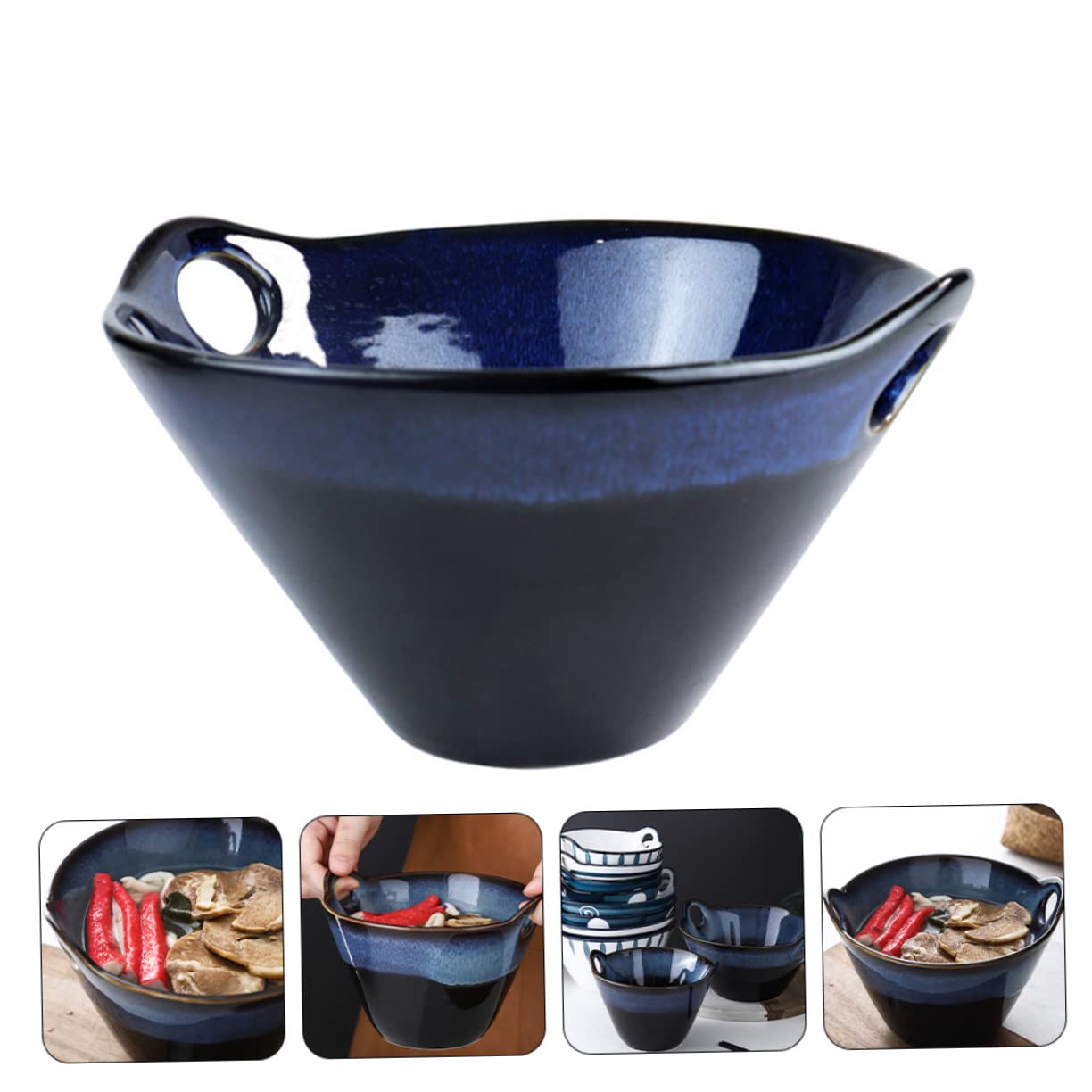 LABRIMP Tazón de Cerámica para Ramen de Doble Asa, Diseño Creativo | Color Navy, Curva Decorativa del Cuenco, Apertura Amplia, Hecho a Mano y Fácil de Limpiar