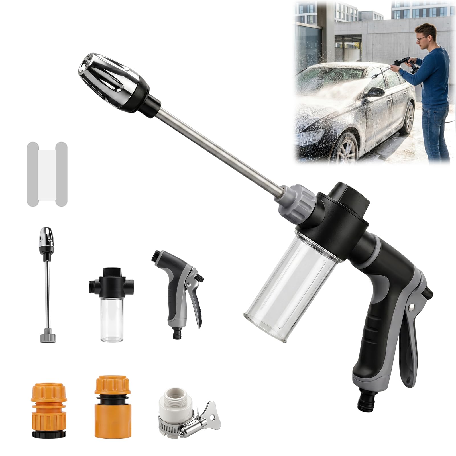 Nikou Power High-Pressure Cleaner for Every Garden Hose, Garden Hose for Pressure Washer, Garden Hose Spray Gun with 3 Nozzles, High Pressure Hose Attachment for Garden, Outdoor, Car Washing (Grey)