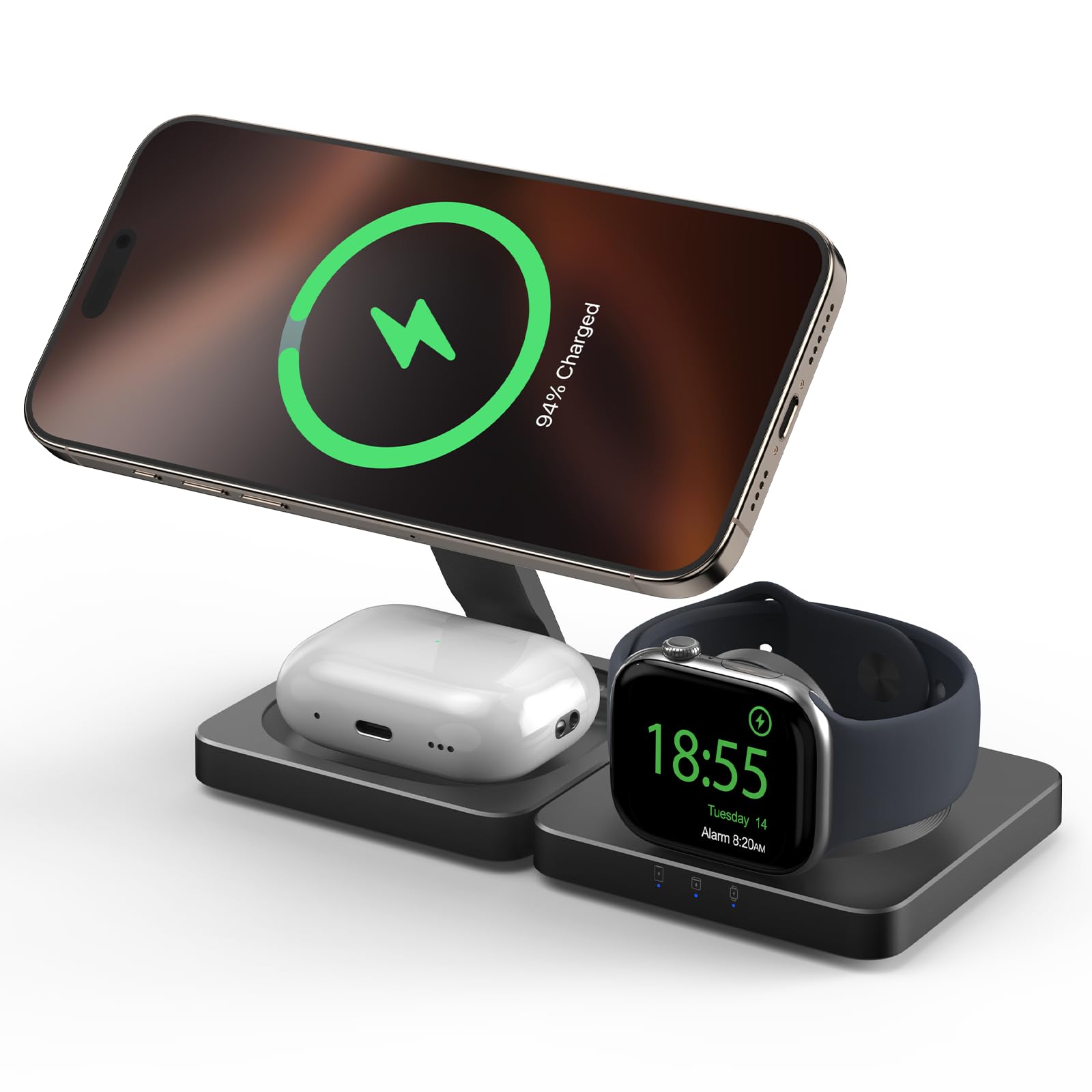 Traveling Magnetic Wireless Charging Station - ADADPU 3 in 1 Foldable Charger Stand for Apple Devices, Travel Charging Pad for iPhone 17 16 15 14 13 12 Pro Max Plus, for Apple Watch AirPods, Black