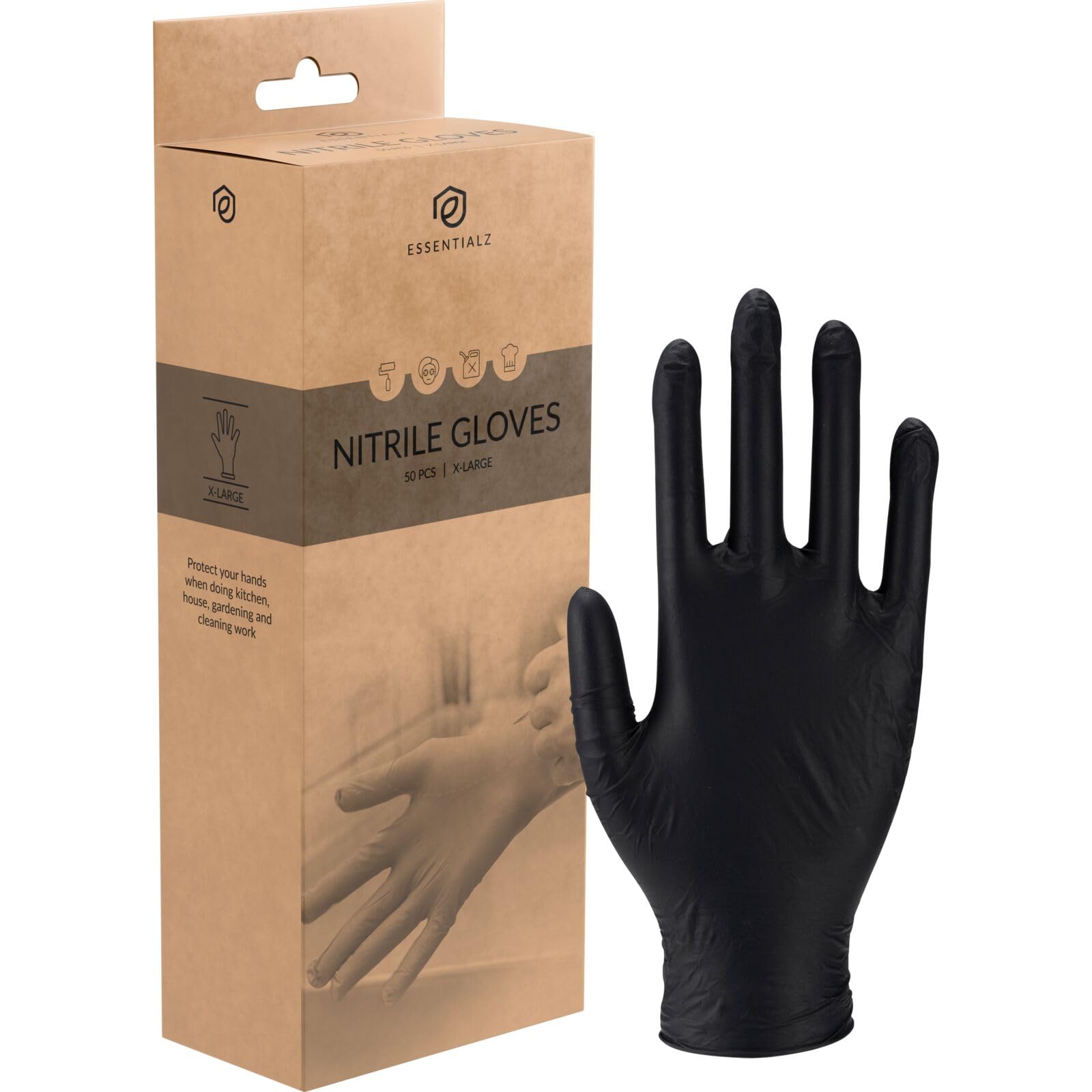 Essentialz Black Nitrile Disposable Gloves, XLarge, Pack of 50, Latex-Free, Powder-Free, Food Safe, CE Certified, Extra Soft & Elastic for Cleaning, Cooking, Tattoo & Salon