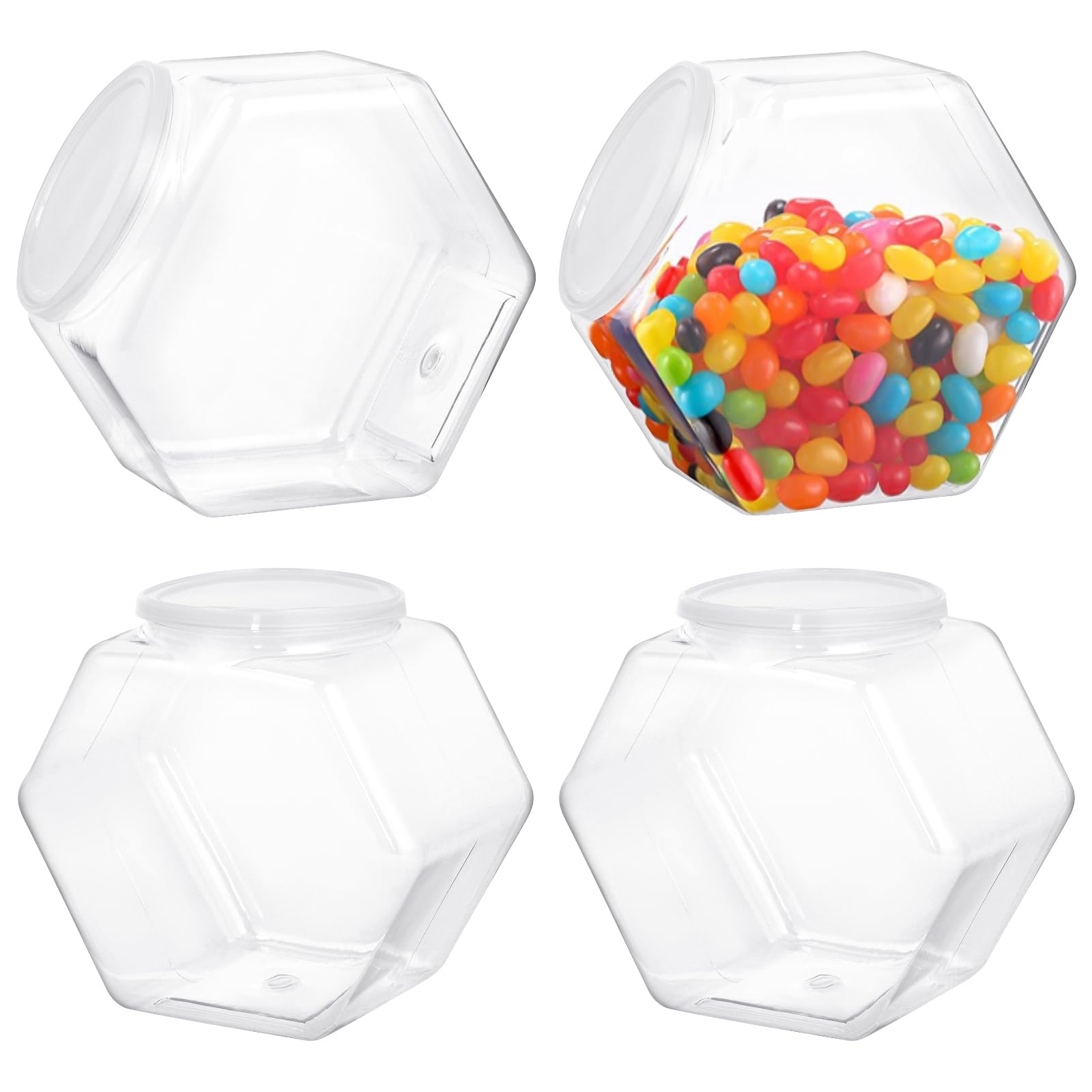 Swewarm 4 Pcs Hexagon Plastic Jars Clear Cookie Jars With Airtight Lids, Candy Jars, Wide Round Mouth Snacks Dog Food Candy Containers, Reusable Coffee Candy Display （72Oz）