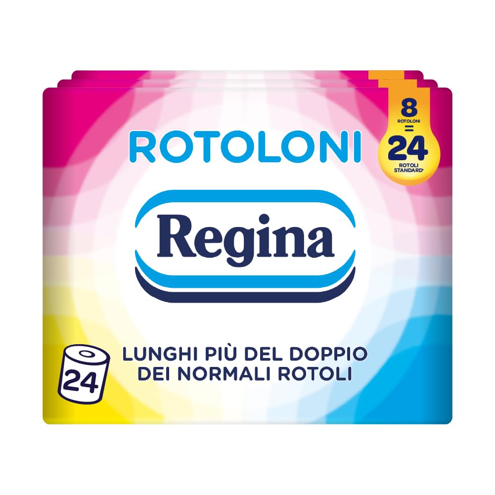 Rotoloni Regina - 24 Maxi Rotoli di Carta Igienica, 500 Fogli a 2 Veli, Lunghi Più del Doppio dei Normali Rotoli, Confezione 50% in Plastica Riciclata, Carta 100% Certificata FSC