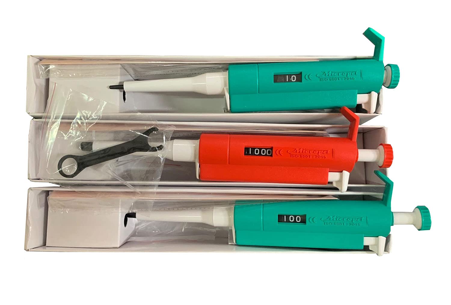 BEXCO Variable volume MicroPipette Kit: 3 pipettes (0.5-10ul; 10-100ul; 100-1000ul), Autoclavable with calibration report