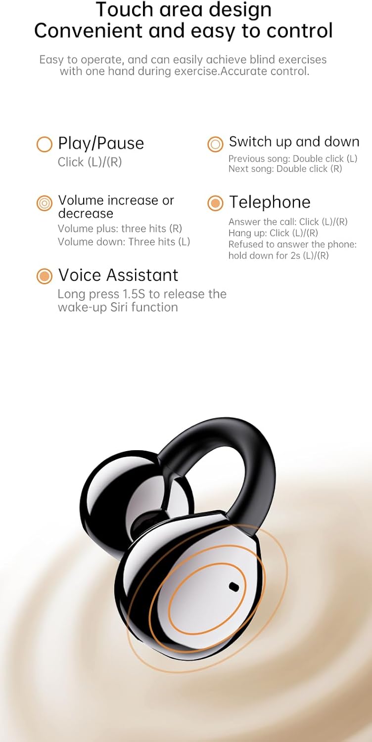 Micool Bluetooth Ear Clip Headphones with Color Touch Screen, Hi-Res Audio & APP Control, 40H Playtime Wireless Earbuds, All-Day Comfort Fit and Anti-Loss Tracking (Pure Black)