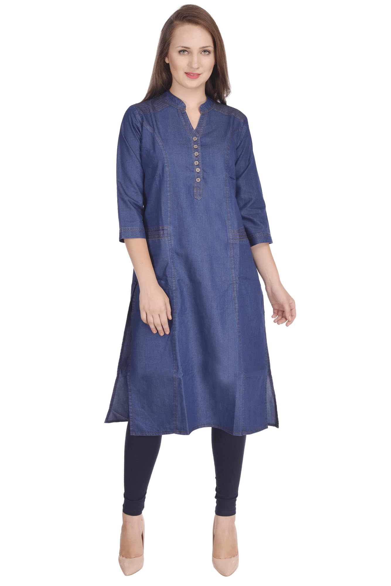 Campus Sutra Womenâ€™s Blue Denim Kurta | Straight Fit Ethnic Kurti with Mandarin Neck | Casual & Office Wear in blue