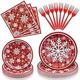 96 Pieces Christmas Snowflake Plaid Tableware Set – Red Buffalo Check Disposable Plates, Napkins, and Forks for Holiday Dinners, Winter Parties, Festive Celebrations – Serves 24 Guests