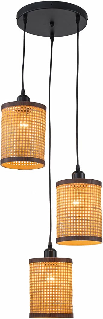 Modern Farmhouse Rustic Pendant Light Coastal Boho 3-Light 12 in. Matte Black Cluster Ceiling Light for Living Room, Foyer with Multi Rattan Shade