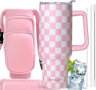 40oz Stainless Steel Double Vacuum Tumbler with Handle, Straw Lid, Carrier Bag, Purse Pouch Phone Pocket, Gym Water Bottle Travel Mug and Sleeve Holder for Men Women (Pink Grid)