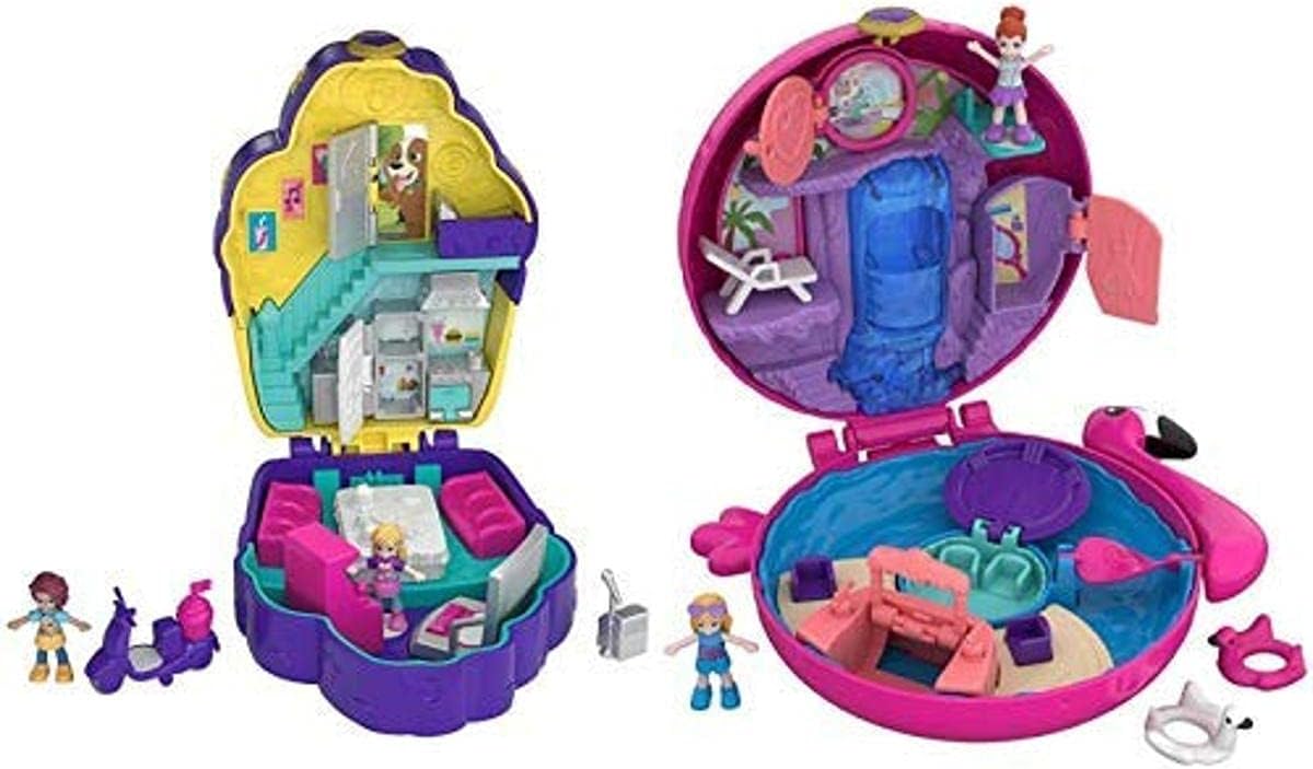Polly PocketFRY36 World Café Schatulle & Pocket FRY38 - World Flamingo Schwimmring Schatulle Puppen Spielset, zum Sammeln, Mädchen Spielzeug ab 4 Jahren