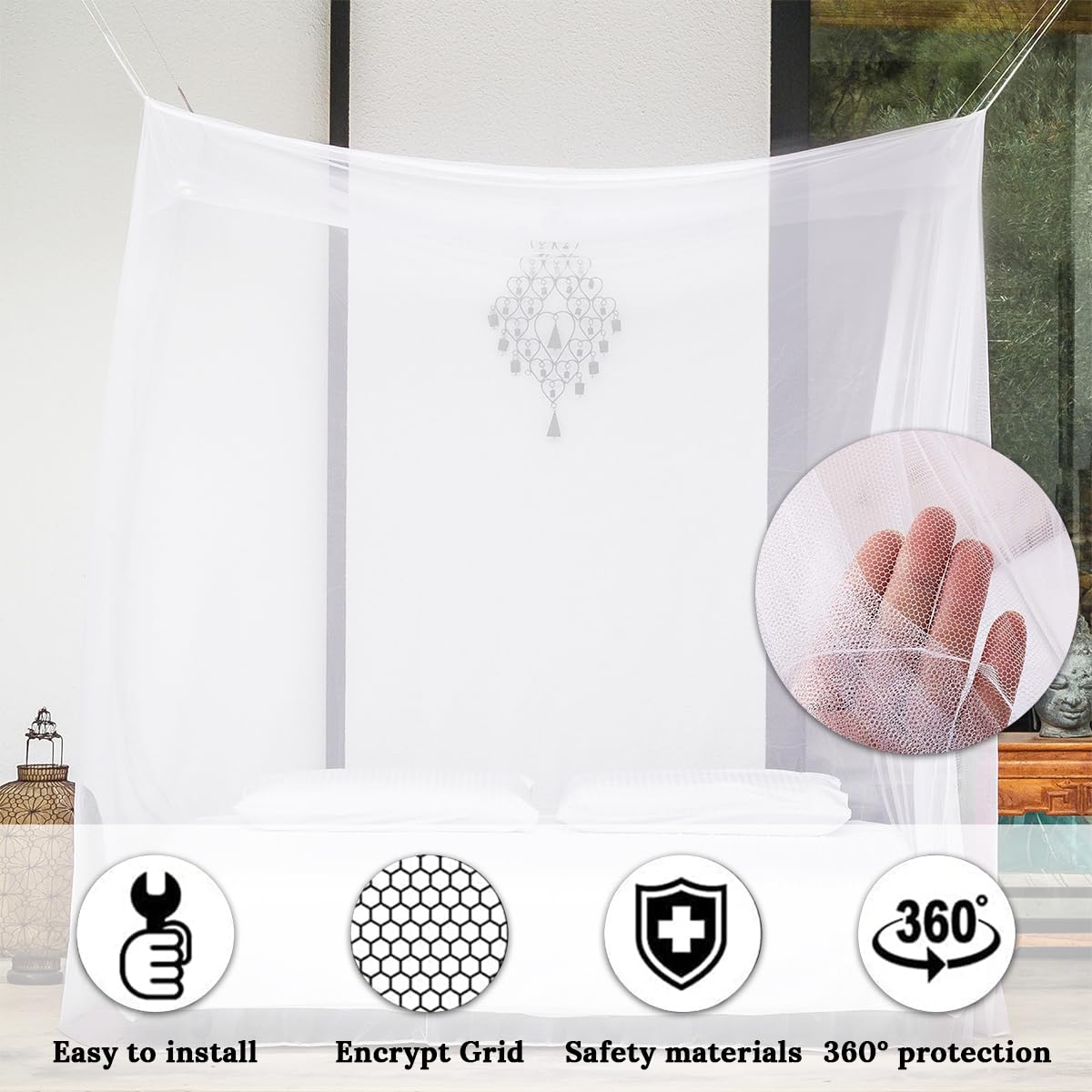 Forhome Mosquitera Cama, Universal Mosquito Net Cuadrados, Mosquitera Grande para el Hogar o de Vacaciones Doble Rectangular para Cama Grande （200 * 200 * 220cm）