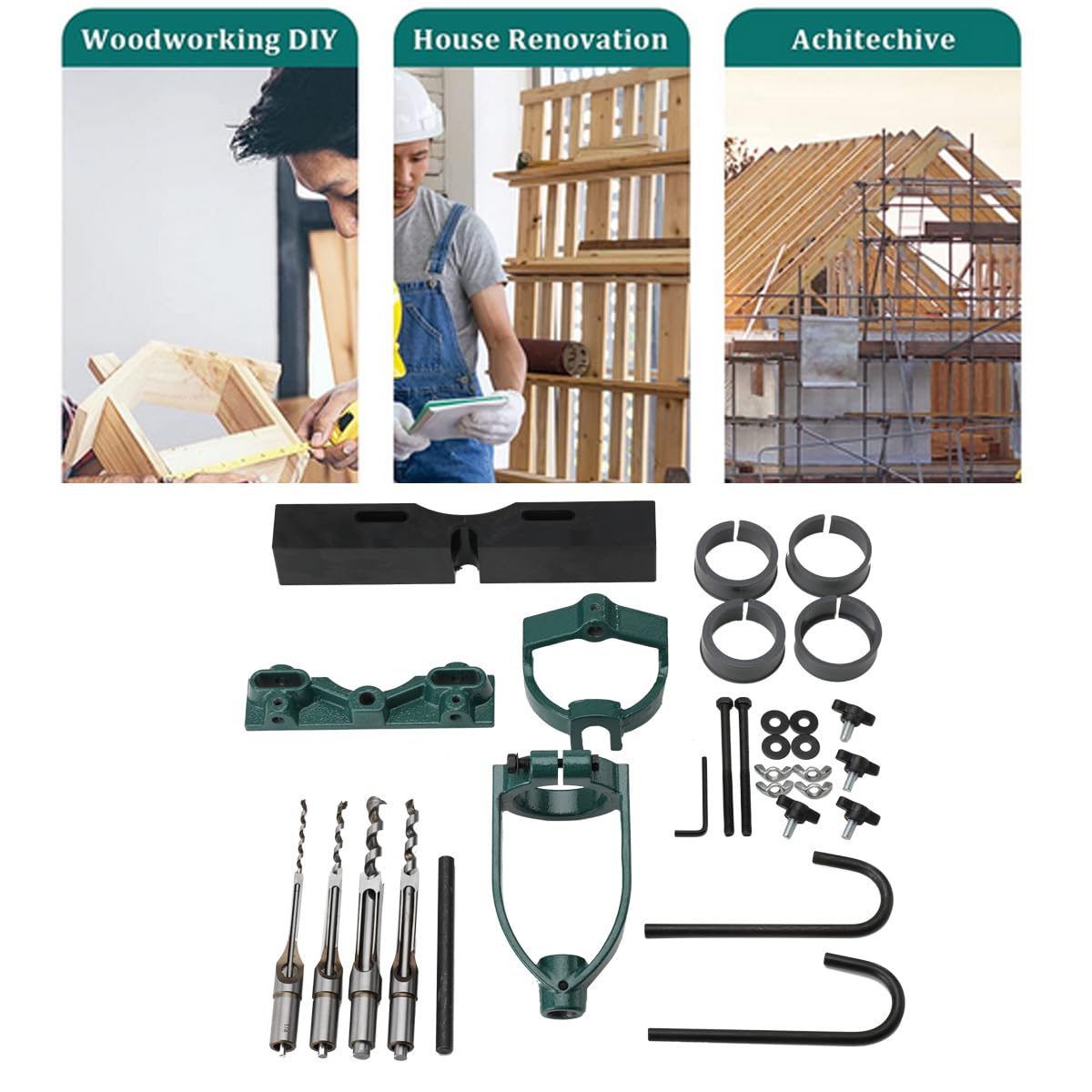 Vierkant-Stemmbohrer Lochsäge Stemmmaschine für Holz Meißel Bohrer Quadrat Löcher Mortising Mortise Locator Set Für Bohrmaschine, Stemmmeißel Zapfmaschine Mit 4 Bits Stahl Holzbearbeitungsbank