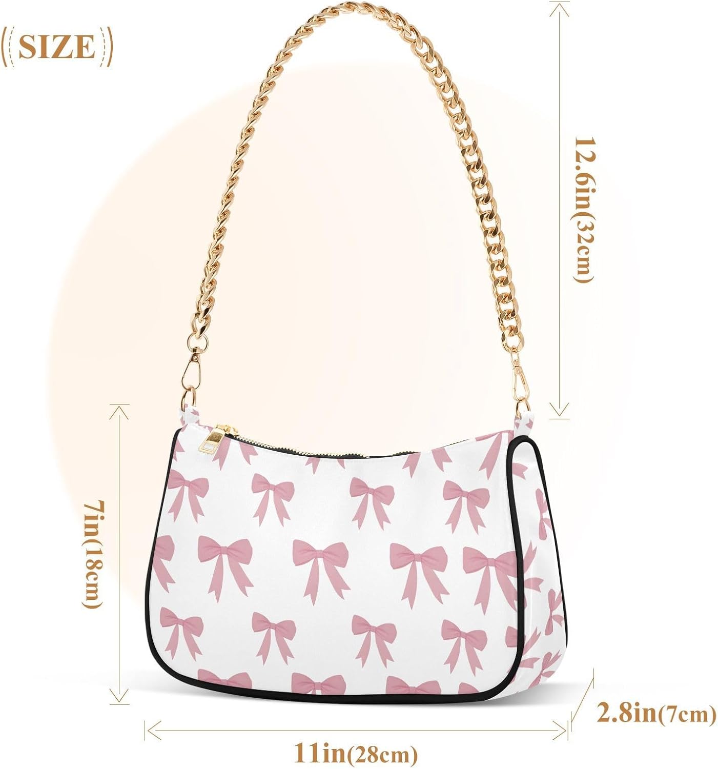 Ribbon Bow Cute Chain Shoulder Bag Hobo Tote Handbag Mini Clutch Purse with Zipper Closure for Women