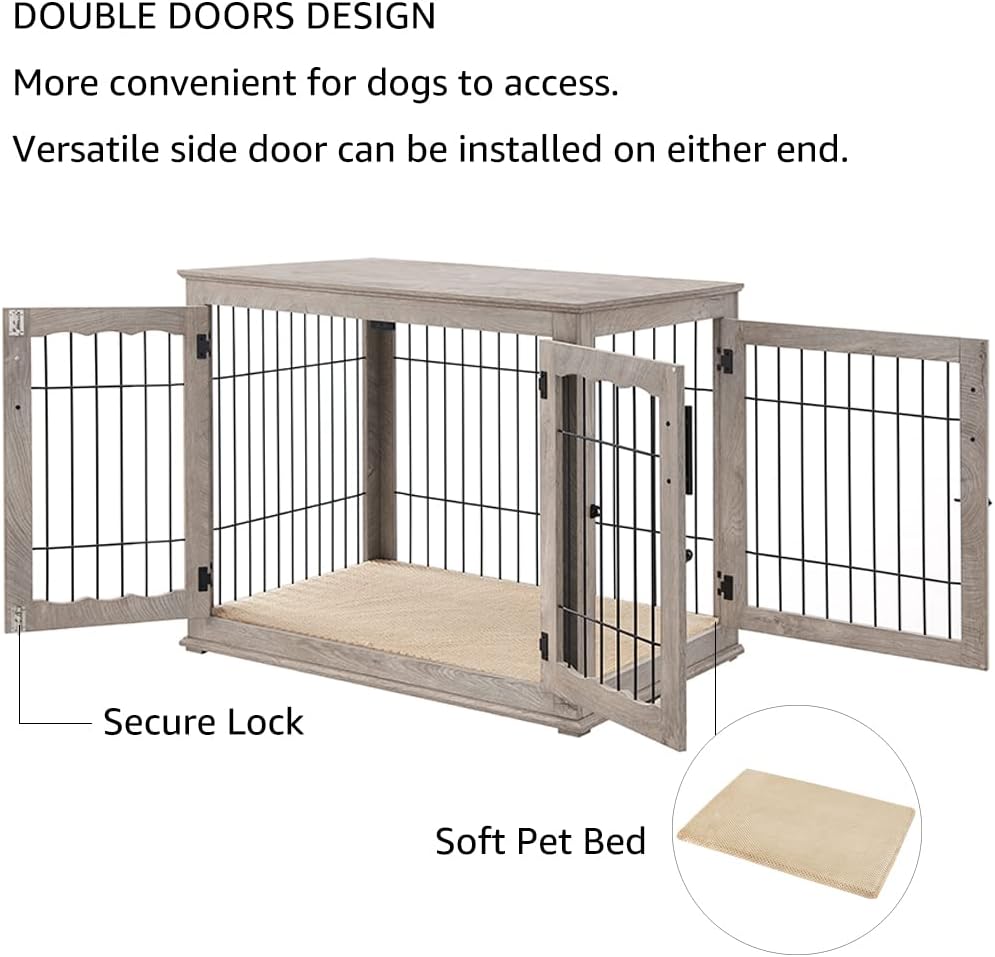 Large Gray Wooden Dog Crate End Table with Pet Bed
