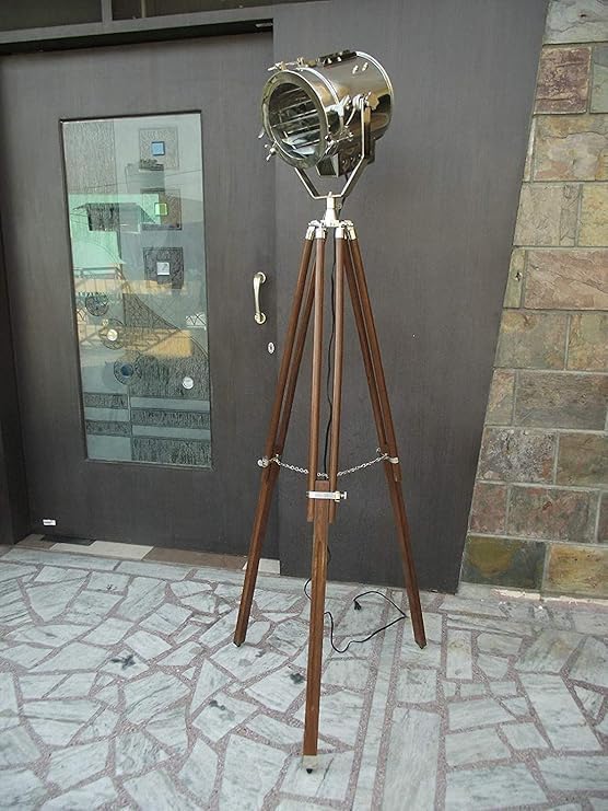 Hollywood Vintage Marine Nautical Industrial Spotlight Floor Lamp Tripod Stand Wood Tripod Floor Lamp, Mid Century Standing Lamp, Modern Design Studying Light for Living Room, Bedroom,