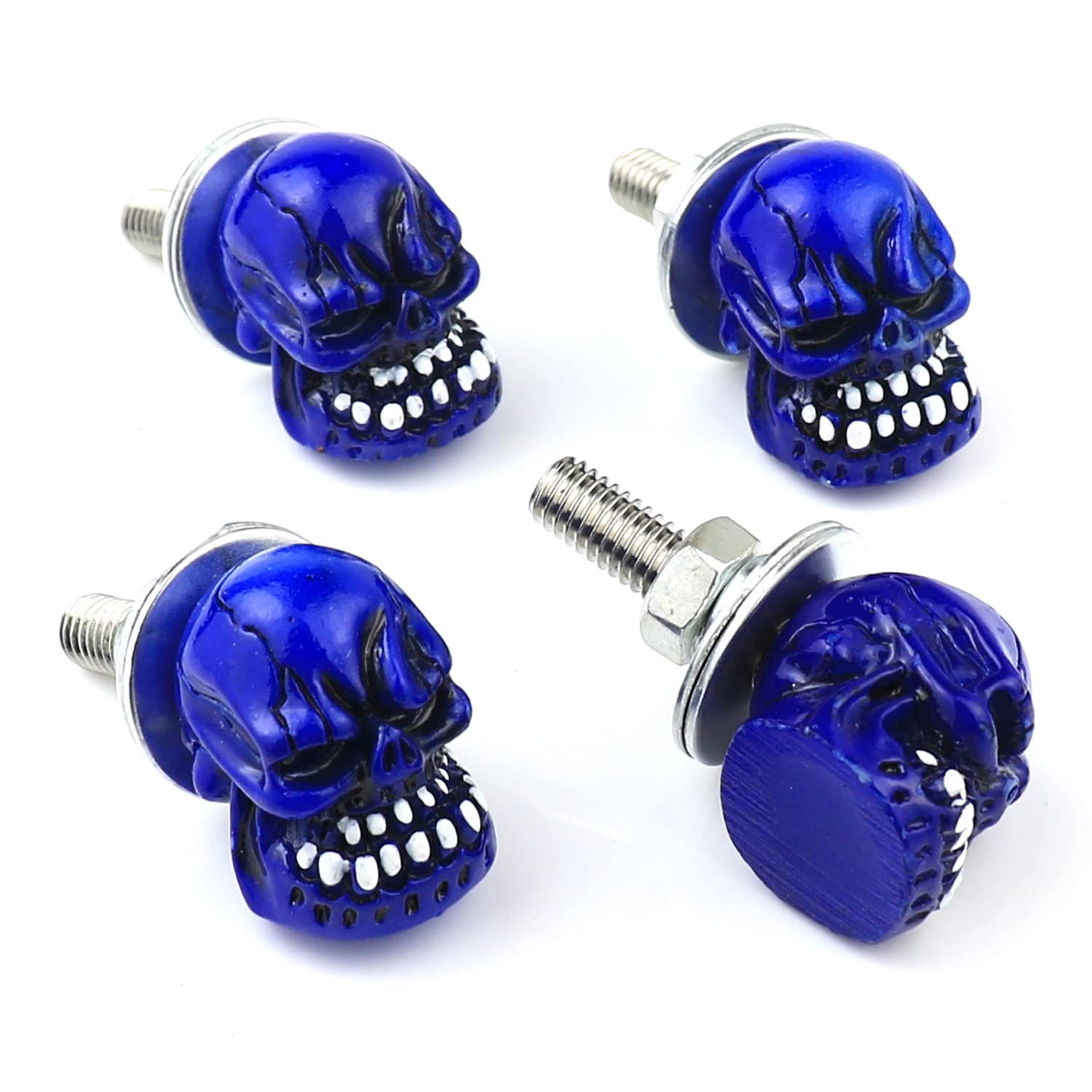 Bashineng Skull License Plate Screws 4 Pcs/Set Decoration Universal Car Truck Motorcycle License Plate Frames Bolts Fasteners Trim Replacement Kit (Blue)