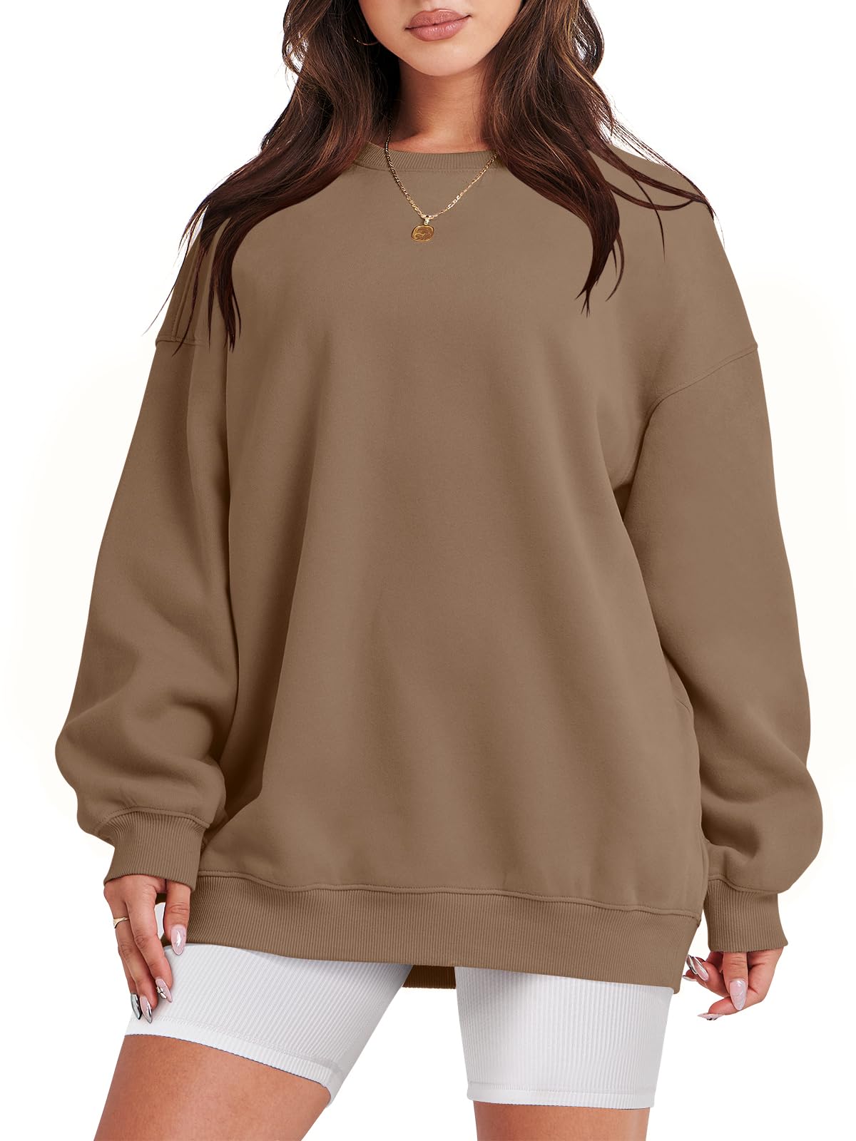 Damskie bluzy oversize bluzy z kapturem polar okrągły dekolt sweter top codzienne jesienne stroje preppy ubrania nastolatki 2024 A1019 światło, Jeden kolor, Brown_X-Small