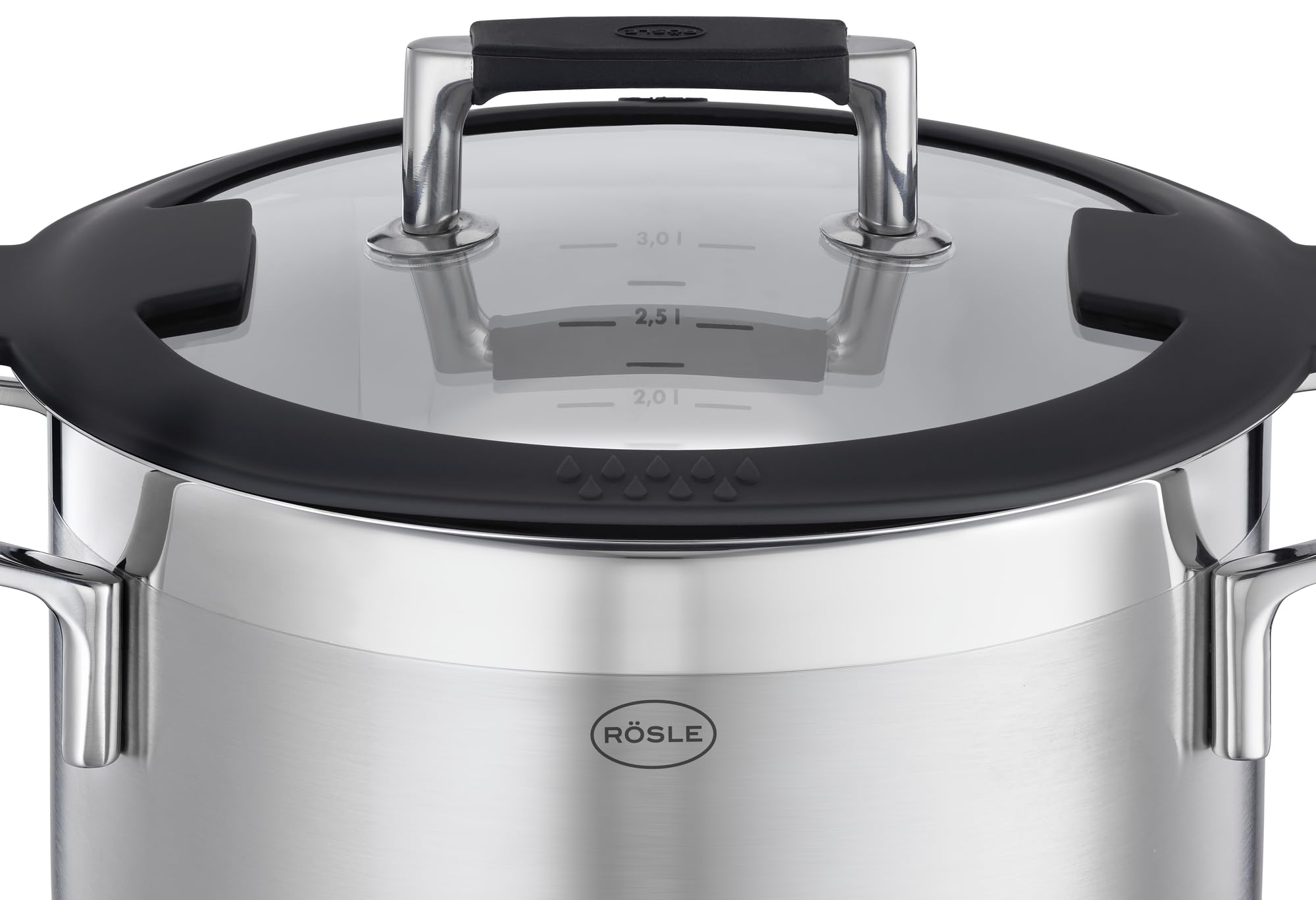 RÖSLE SILENCE PRO Topf-Set 5-tlg., Universaltopfset mit 3 Kochtöpfen, 1 Bratentopf und 1 Stielkasserolle, Edelstahl 18/10, Glasdeckel, Innenskalierung, induktions- und spülmaschinengeeignet