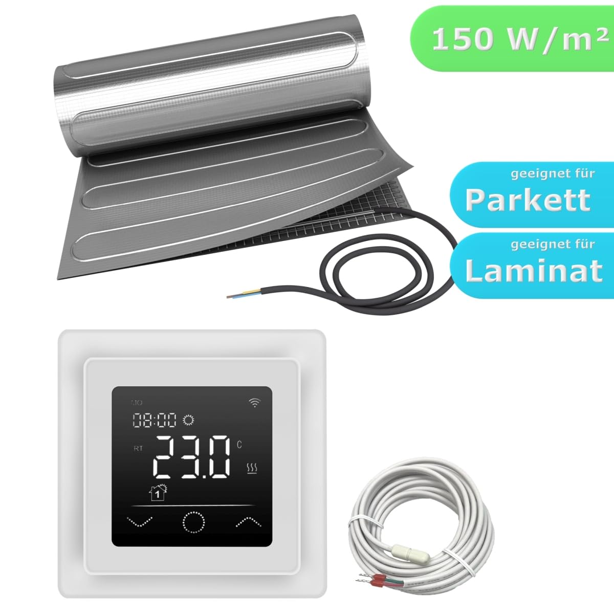 Elektrische Fußbodenheizung HoWaTech ALU für Laminat Parkett Vinyl Komplett Set TWIN Heizmatte 150 W/m² Touch Thermostat weiß, Heizfläche:7.00m²