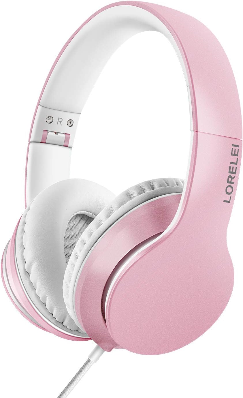 LORELEI X6 Over-Ear Headphones with Microphone, Lightweight Foldable & Portable Stereo Bass Headphones with 1.45M No-Tangle, Wired Headphones for Smartphone Tablet MP3 / 4 (Pearl Pink) : Electronics