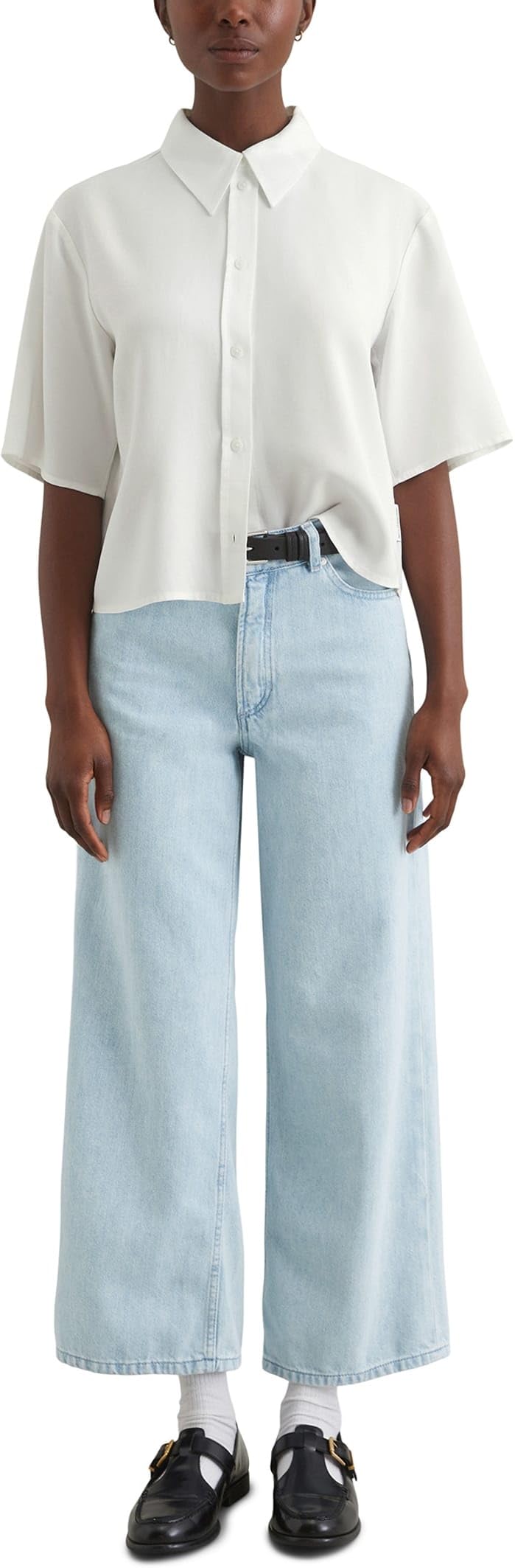 Marc O'Polo Denim Damen Kurzarmbluse mit Kentkragen Cropped, Weiß (Silky White), XXL