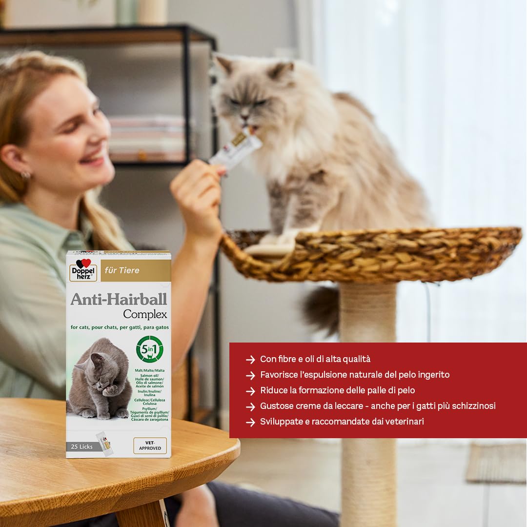 Doppelherz - Complesso Anti Hairball Doppelherz per gatti – Con fibre e oli di elevata qualità per favorire la digestione dei boli di pelo – 25 cremosi snack da leccare.