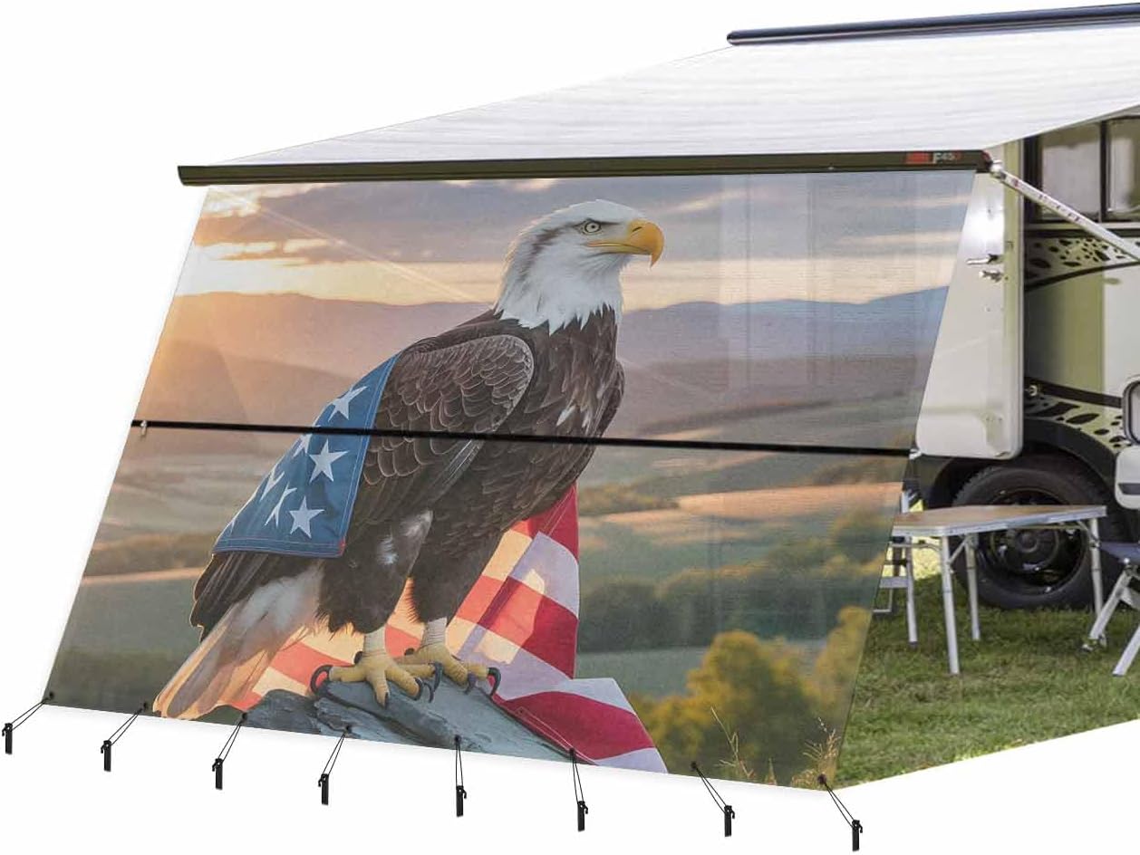 4th of July RV Awning Sun Shade Screen 9'X13.3' American Flag Eagle Mesh Sunscreen Patriotic July 4th Scenery Awning Shade Screen with Zipper UV Blocker Completed Kits Canopy for RV Motorhome Camper