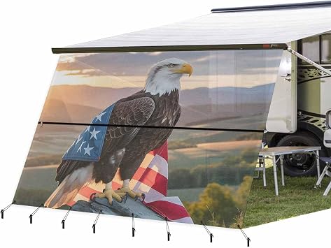 4th of July RV Awning Sun Shade Screen 9X13.3 American Flag Eagle Mesh Sunscreen Patriotic July 4th Scenery Awning Shade Screen with Zipper UV Blocker Completed Kits Canopy for RV Motorhome Camper