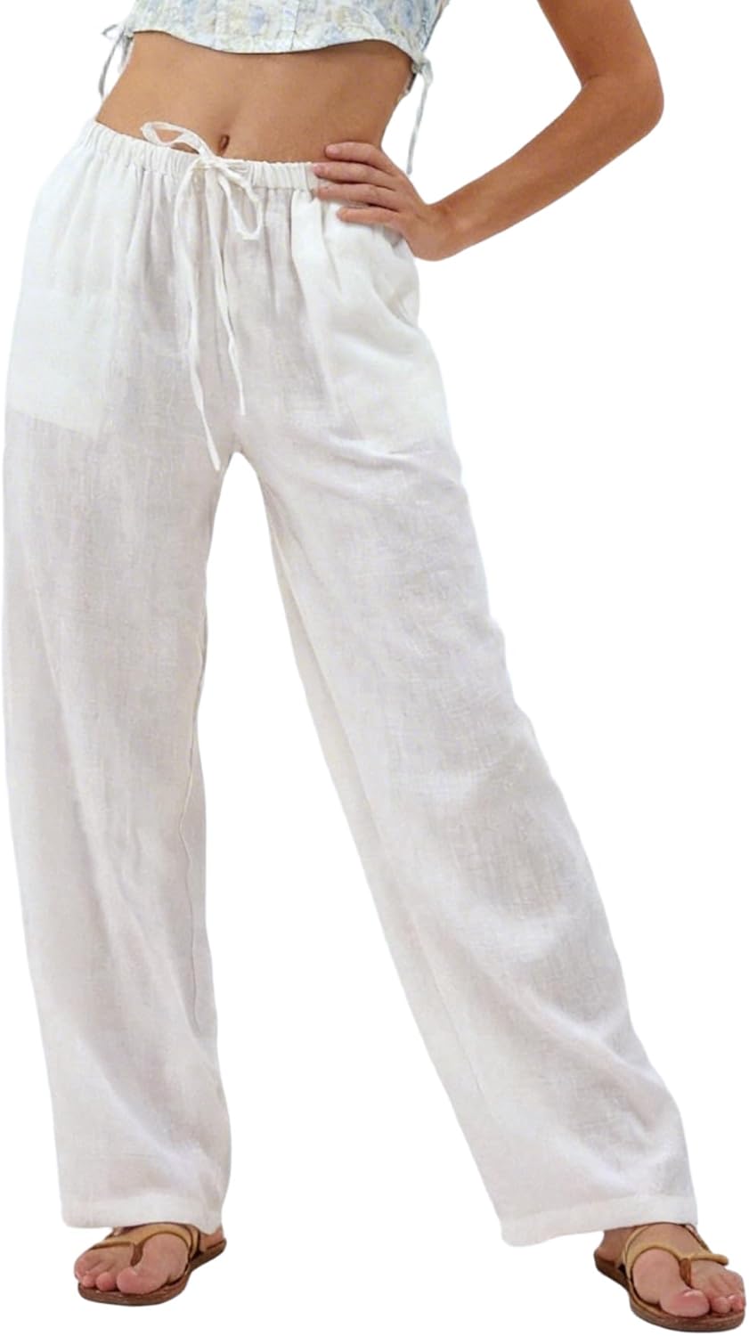 Amazhiyu Womens Pure Linen Flowy Wide Leg Pants with Pockets Summer Drawstring Trouser