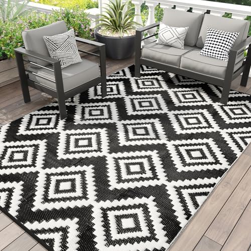 Outdoor Plastic Straw Rug - 5x8 ft Waterproof Patio Rug Clearance, Reversible Outdoor Carpet for RV, Camping, Deck, Balcony, Porch, Picnic, Backyard (Black & White)