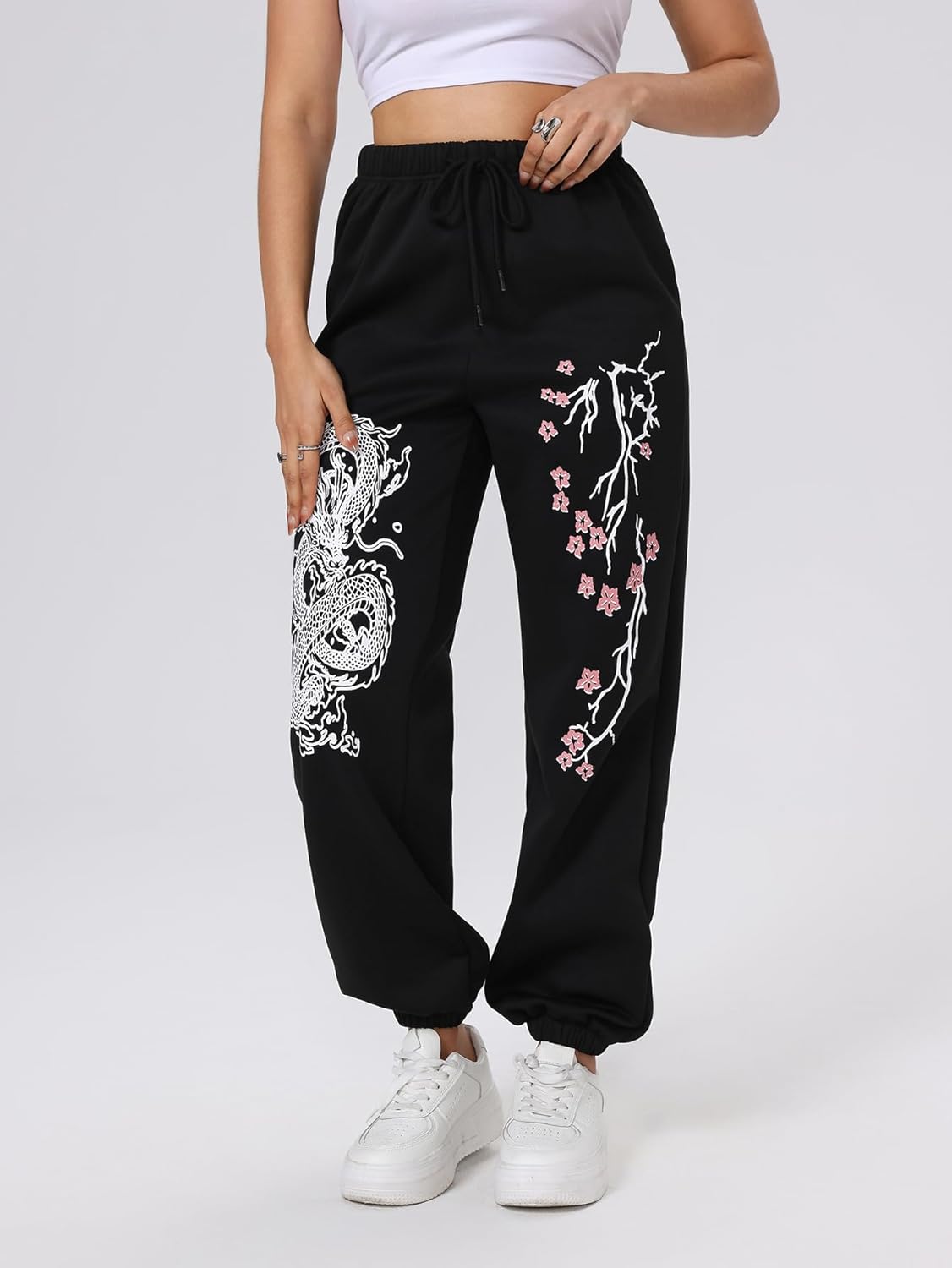 WDIRARA Women's Floral Dragon Print Drawstring Waist Joggers Pants Workout Sweatpants - Image 6