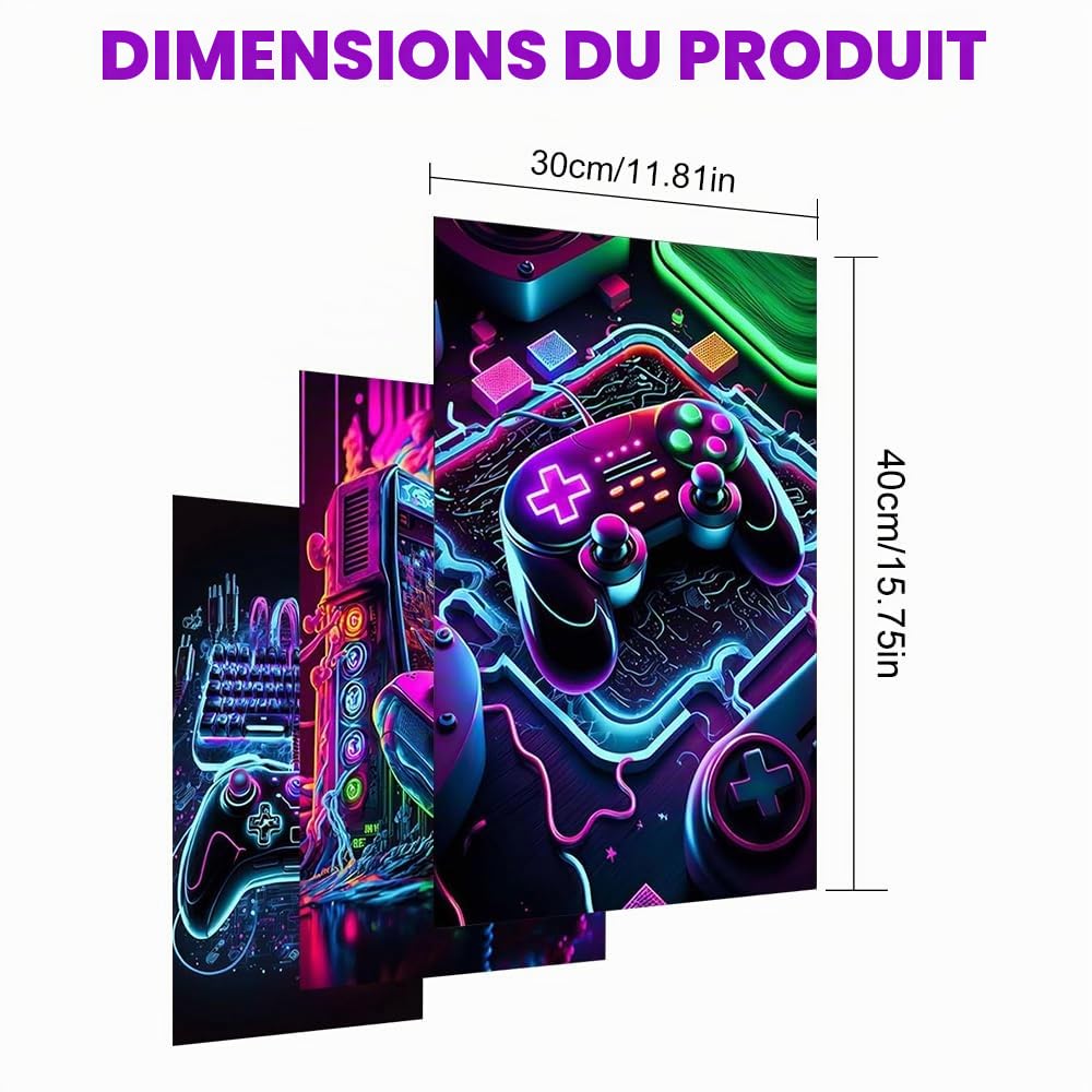 3 Estampes D'art Mural Affiche Manette de Jeu Vidéo Néon Poster Gaming 30x40 cm Sans Cadre