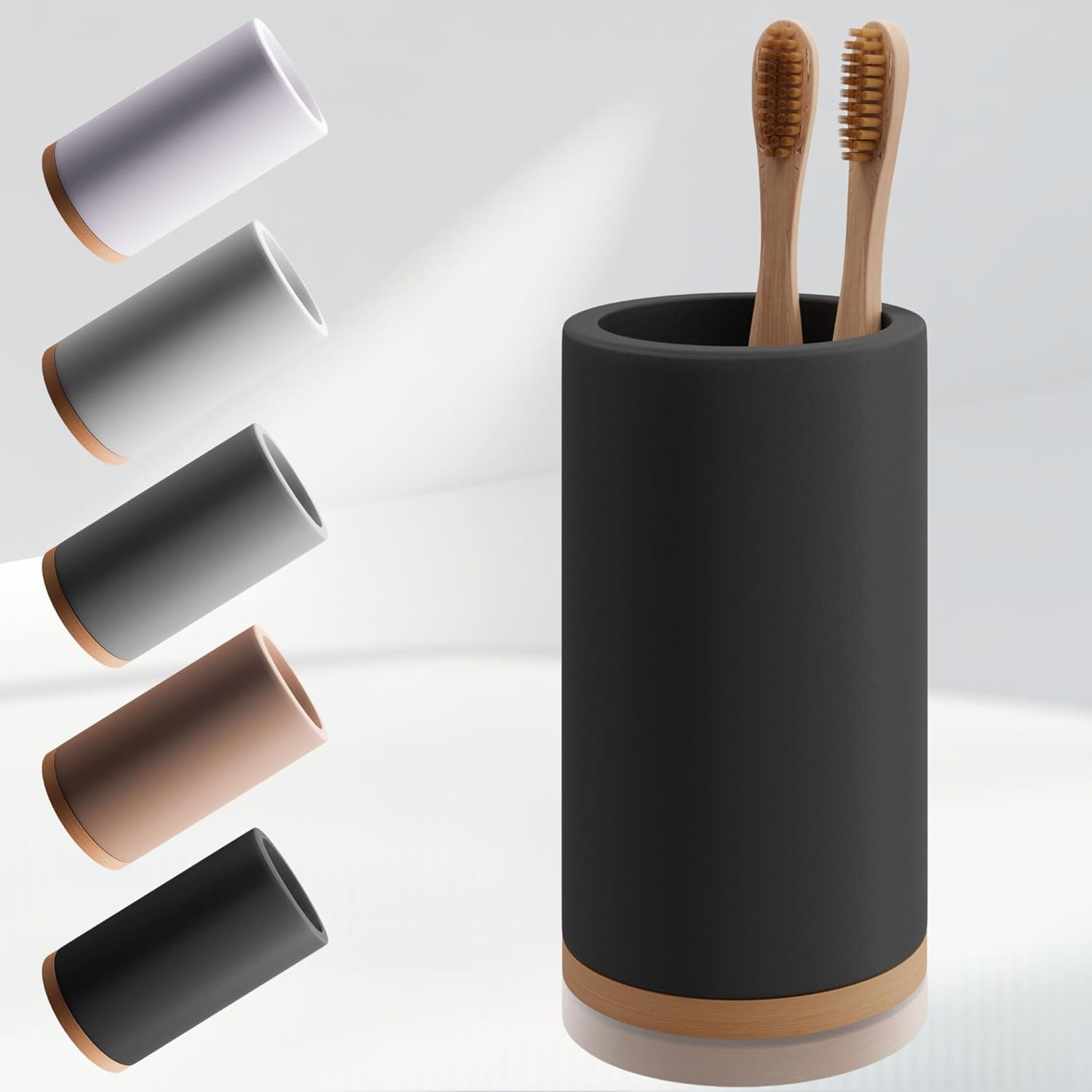 Matani Bamboo Toothbrush Holder Diatomite Tooth Brush Organizer - Storage Stand for Small Bathroom & Counter - Removable Base & Drain Holes, Water-Absorbent & Quick-Drying (Black Holder)