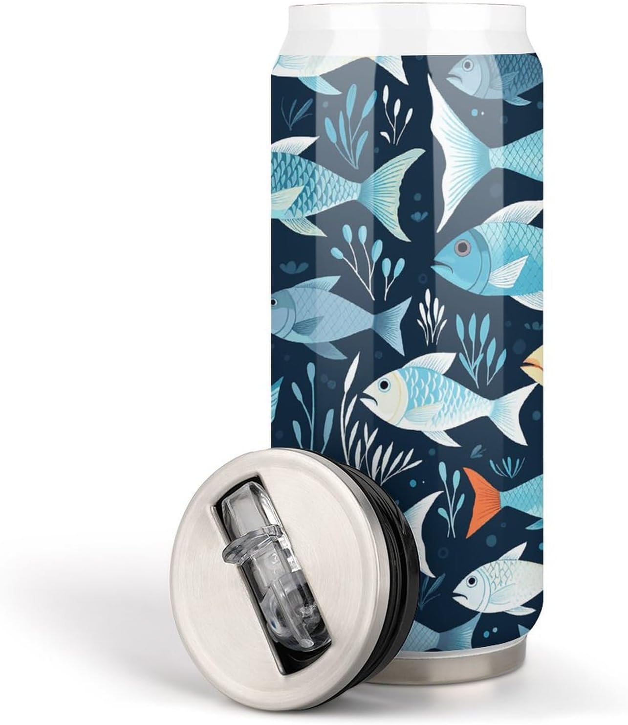 Stainless Steel Cups Fishes Pattern Printed Coke Cup Stainless Steel Insulated Cups with Lid And Straw