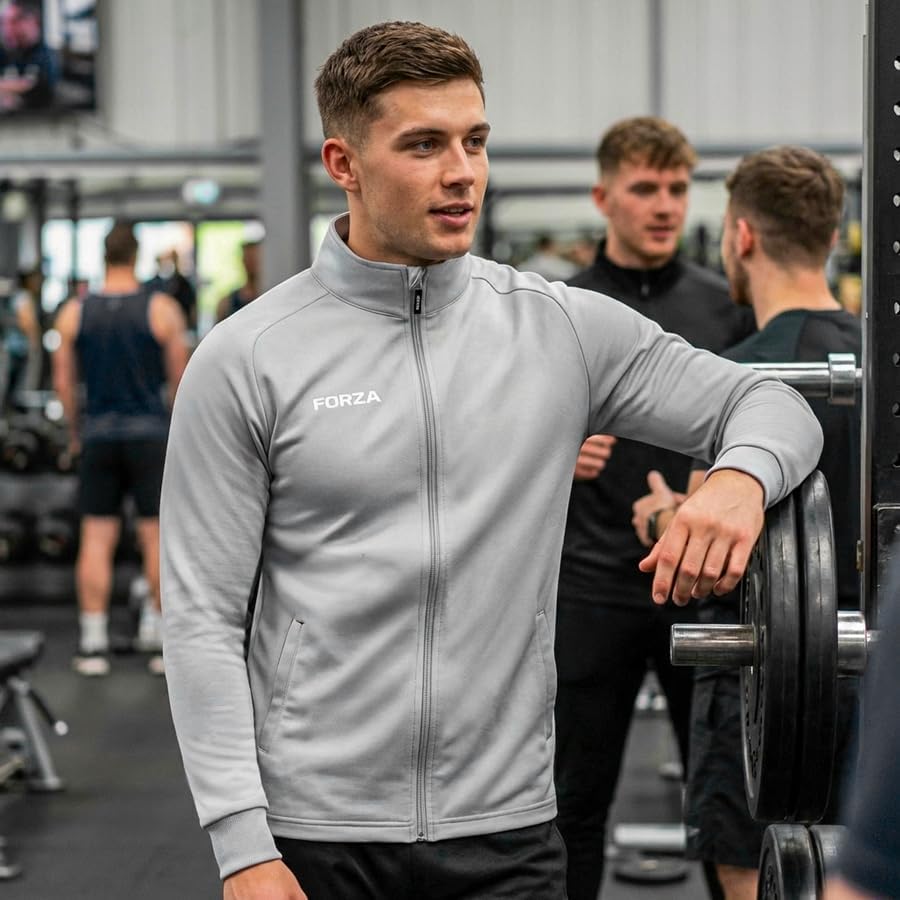 FORZA Men’s Full Zip Track Jacket – Black or Gray Slim Fit Athletic Top with Zippered Pockets – Quick Dry Sports Jacket