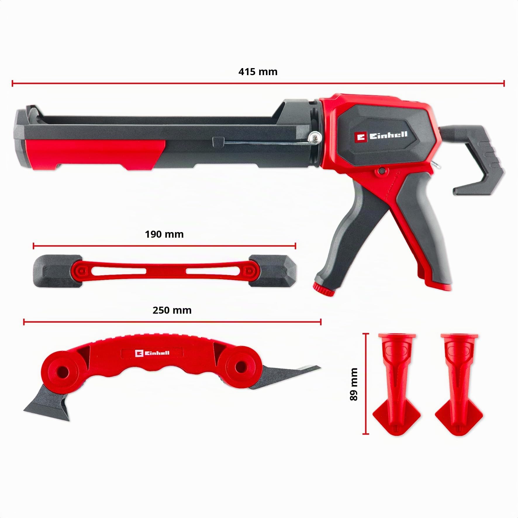 Einhell Kit pistolet à cartouche Profi, 5 pièces (rapport de force 1:12–1:24 commutable, stop goutte, outil à joints en nylon, spatule longue, 2 embouts avec angles R5/R10)