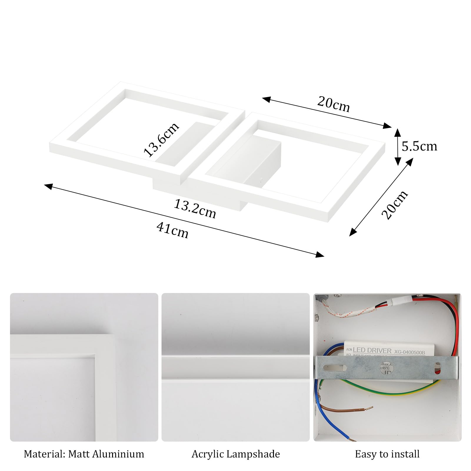 Klighten Plafoniera Led Soffitto 28W 2000LM, Lampada Soffitto Decorativa Moderna, Plafoniera Alluminio per Corridoio Cucina Camera da Letto Soggiorno, 41 x 20 cm, Bianco Caldo 3000K, Bianco