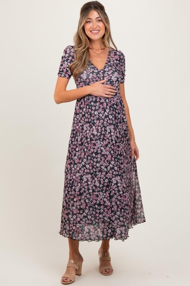 PinkBlush Floral Reversible Front Cinched Maternity Midi Dress