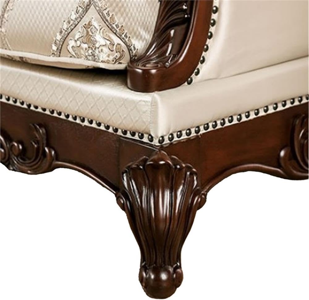 Pemberly Row 90 Inch Sofa, Button Tufted Back, Beige Metallic Upholstery, Cherry Brown Wood Frame, Rolled Arms, Jacquard Cushions, Includes 5 Accent Pillows, Traditional Living Room Seating