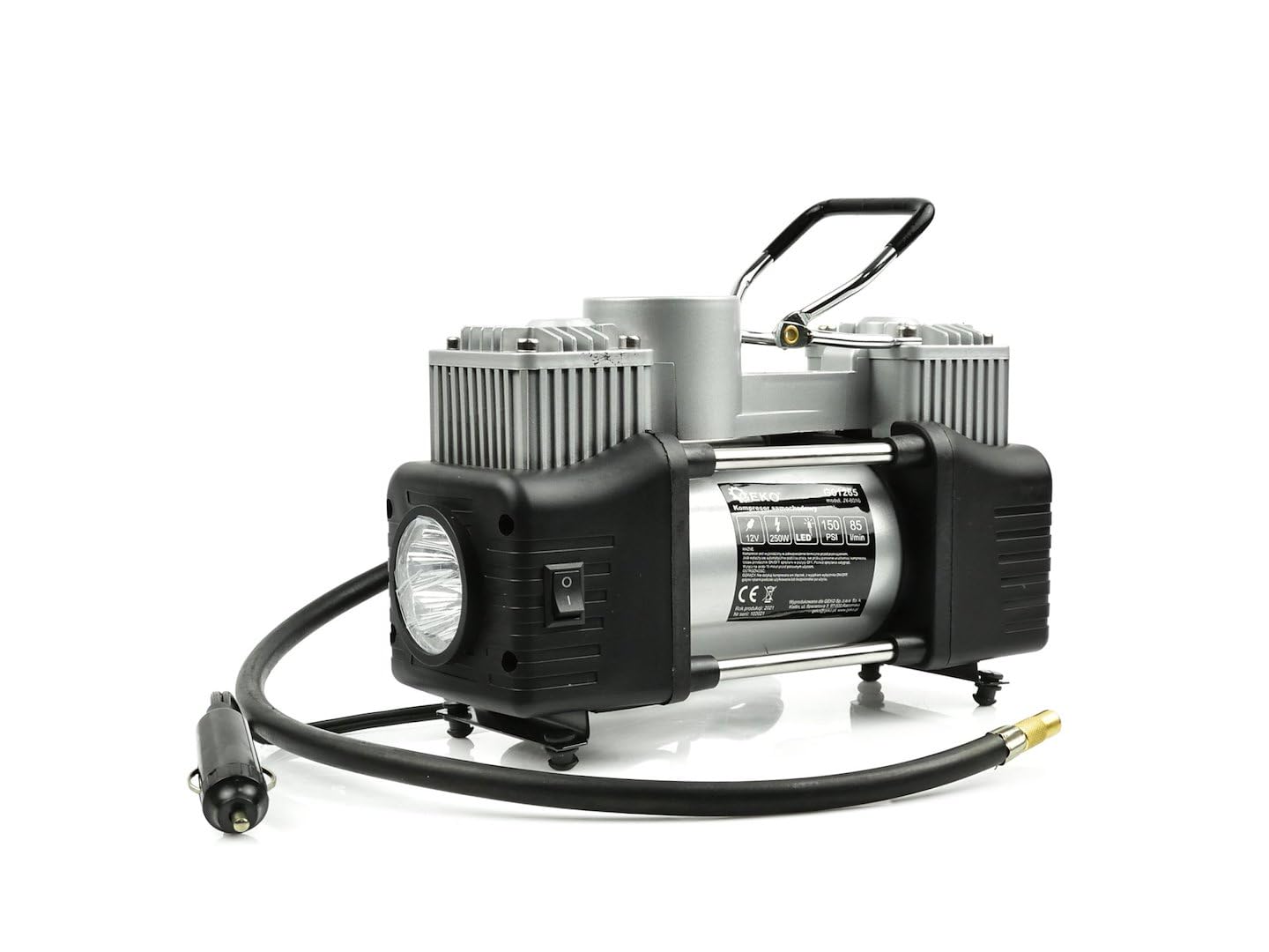 BSD Compressore Elettrico 12V 250W con Manometro e Luce LED - Gonfiatore per Auto, Moto e Biciclette, Accessori Inclusi e Tubo Pneumatico a Spirale 2,5m