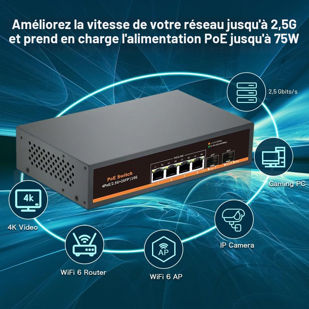 Commutateur PoE Non géré 2,5 GB/s avec 4 Ports 2.5G Base-T et 2 Ports Uplink 10G SFP, Compatible avec 100/1000/2500Mbps, Design sans Ventilateur, Commutateur réseau 2.5Gb en métal (6)