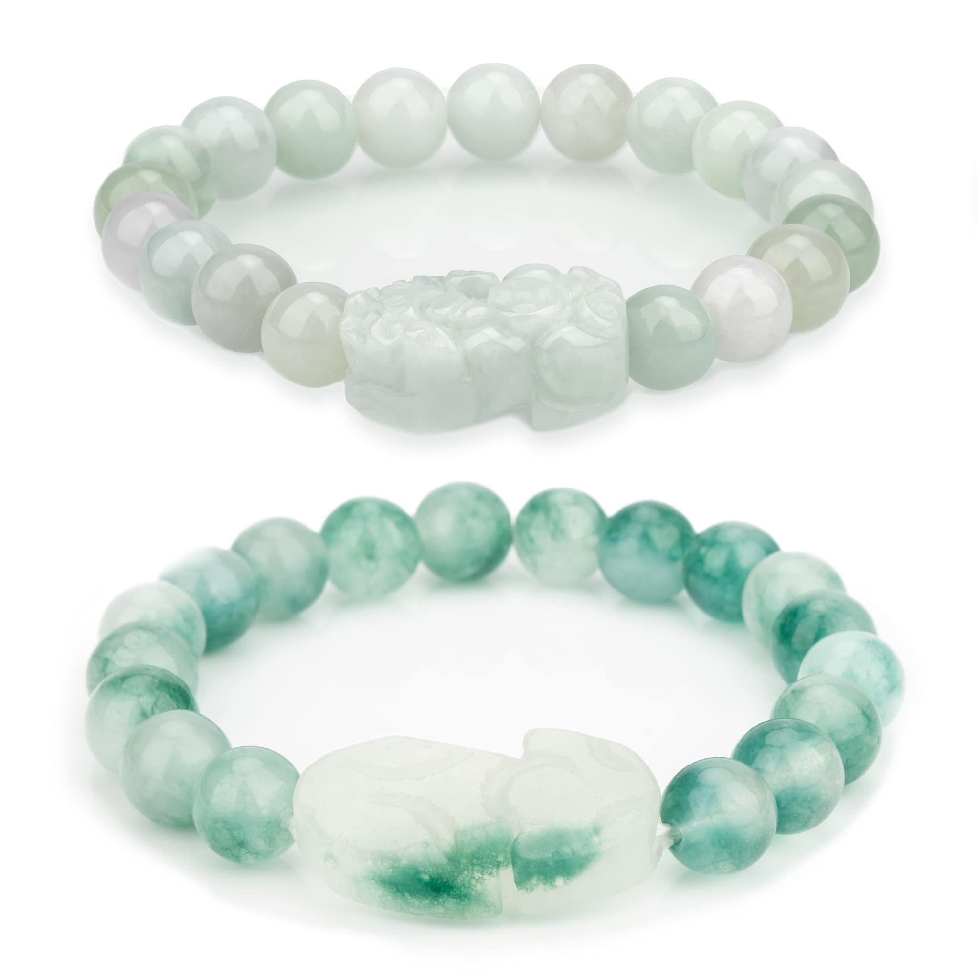 ZenBless Fengshui Wealth Prosperity White Real Jade Set For Women Men 10mm Bead with Pi Xiu/Pi Yao Attract Wealth and Good Luck Light Green