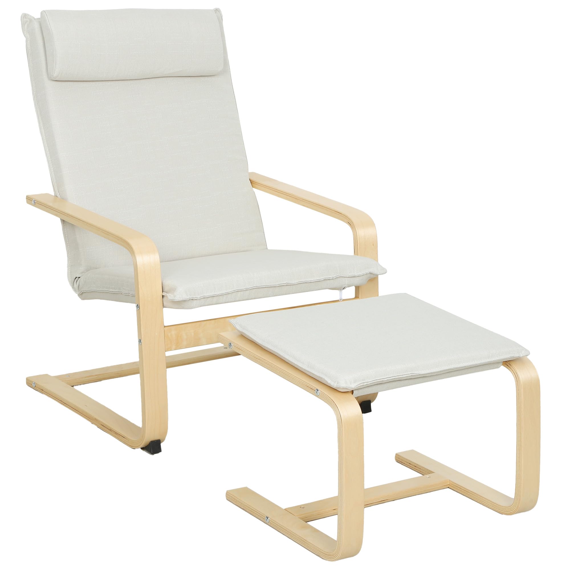 HOMCOM Sillón con Reposapiés Sillón Lectura con Respaldo Alto Reposacabezas Extraíble Patas de Madera y Tapizado en Lino Butaca para Salón Dormitorio Oficina Crema