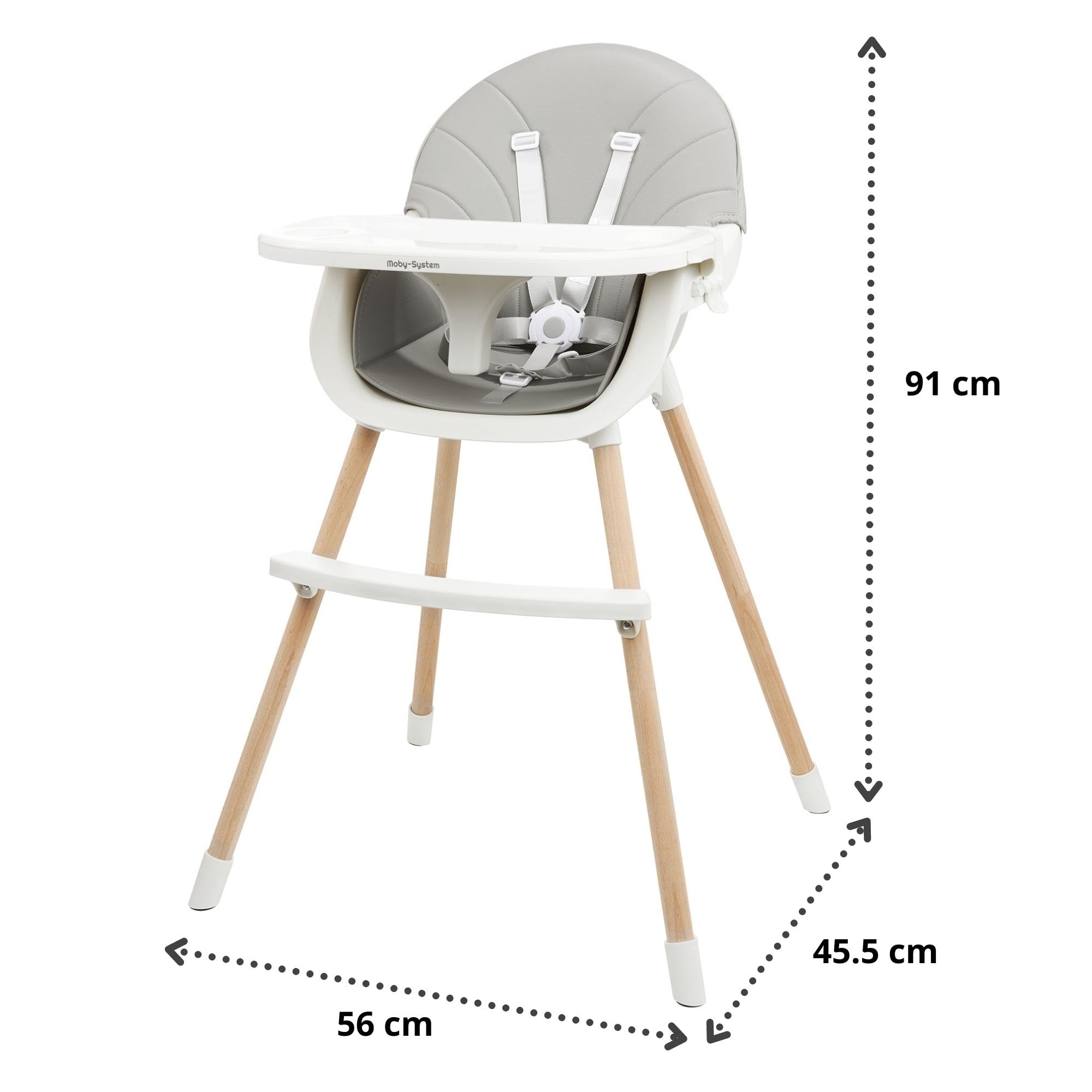 Moby-System Krzesełko do Karmienia Drewniane Amelia 2, 3w1 Krzesełko dla Dziecka od 6 m-cy do 6 lat, Krzesełko z Tacką i Podnóżkiem dla Dzieci, Pasy Bezpieczeństwa, Krzesło dla Starszaka, Szare