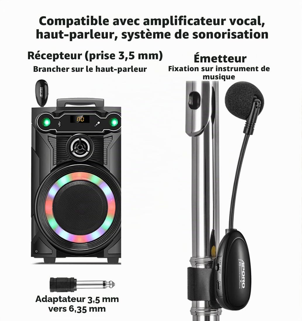 Microphone de Flûte Sans Fil 2,4 G pour Instruments de Musique, Récepteur et Émetteur Sans Fil, pour Flûte et plus encore