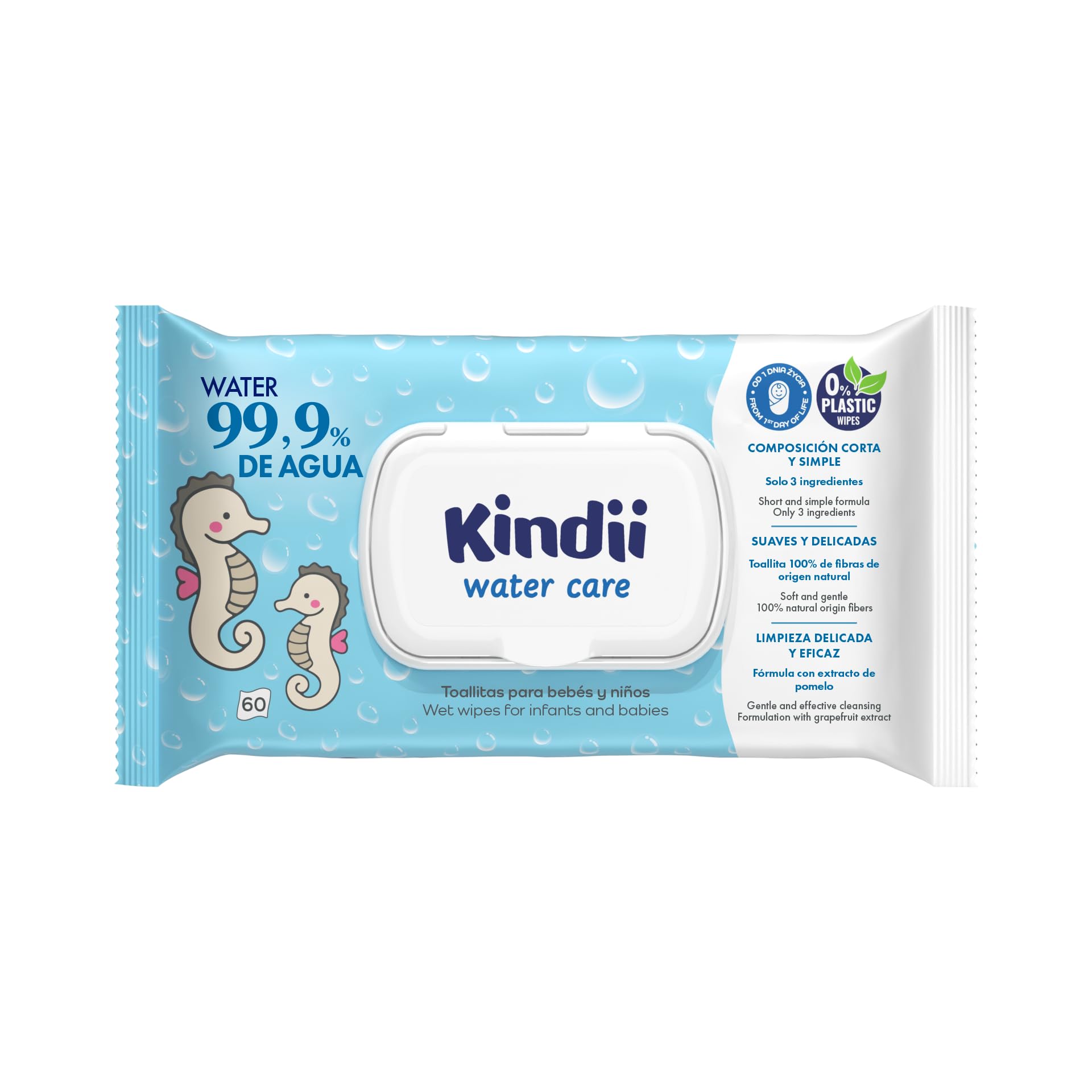 Kindii Water Care – Toallitas Bebé Agua 100% Viscosa, 99,9% Agua, Extracto de Pomelo, 150 × 200 mm, Biodegradables, Sin Plástico – Piel Sensible